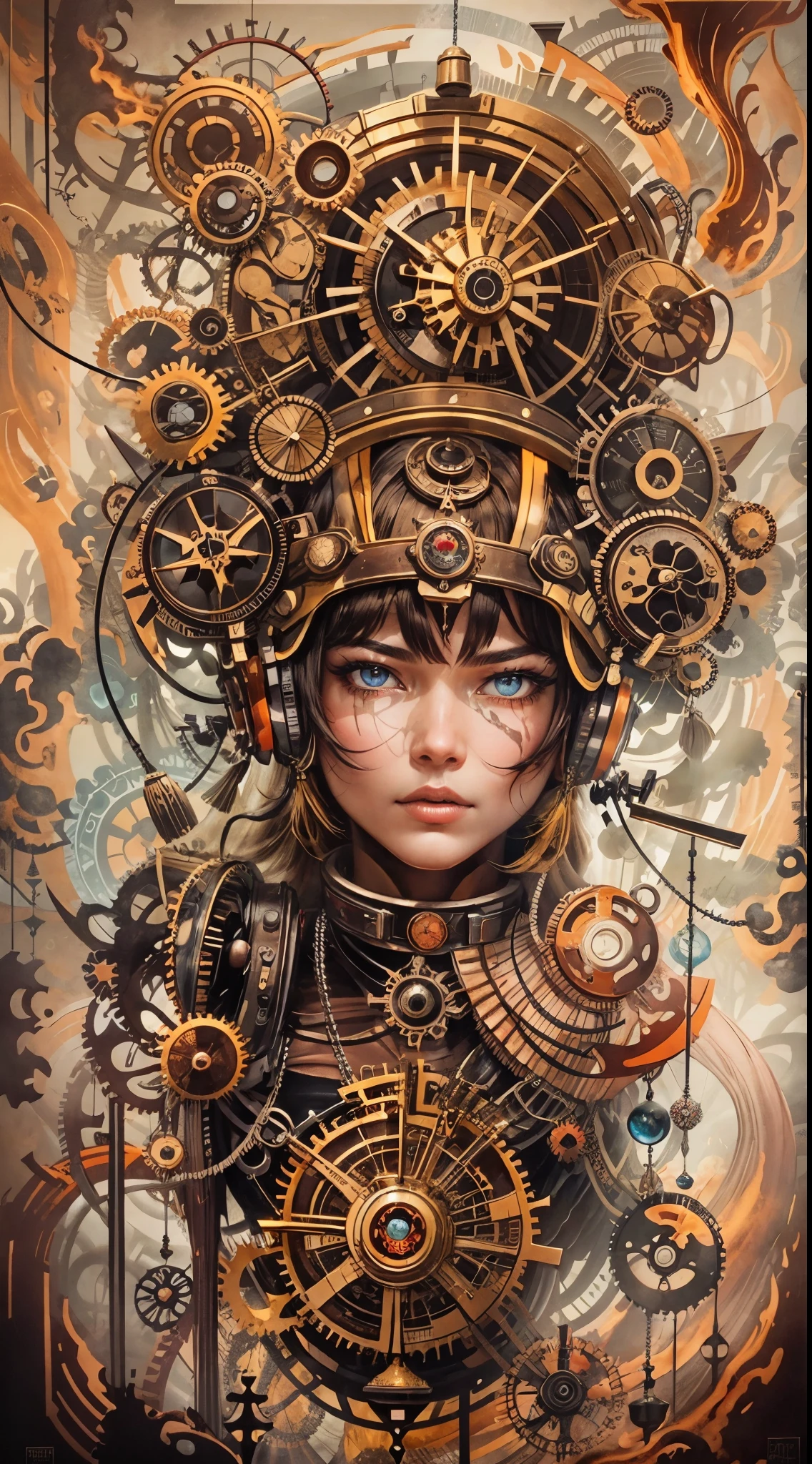 Explosive, otherworldly painting of a shape-shifting deity adorned with steampunk motifs and omnipresent, piercing eyes, a breathtaking amalgamation of fine art and captivating photo collage, mesmerizing poster design:: their appearance exuded the enigmatic allure of steampunk minimalism fused with cosmic chaos:: --ar 9:16 --s 963 --c 9  --q 2  --v 5