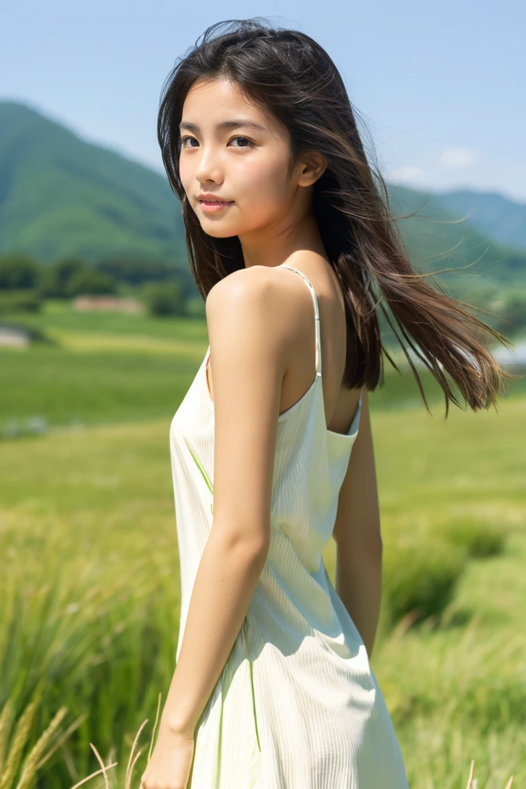 Beautiful girl wearing a collarless summer dress、years、japanes、Wheat-toned skin、(heavy wind)、Allback、slightly tanned skin、((Black))、