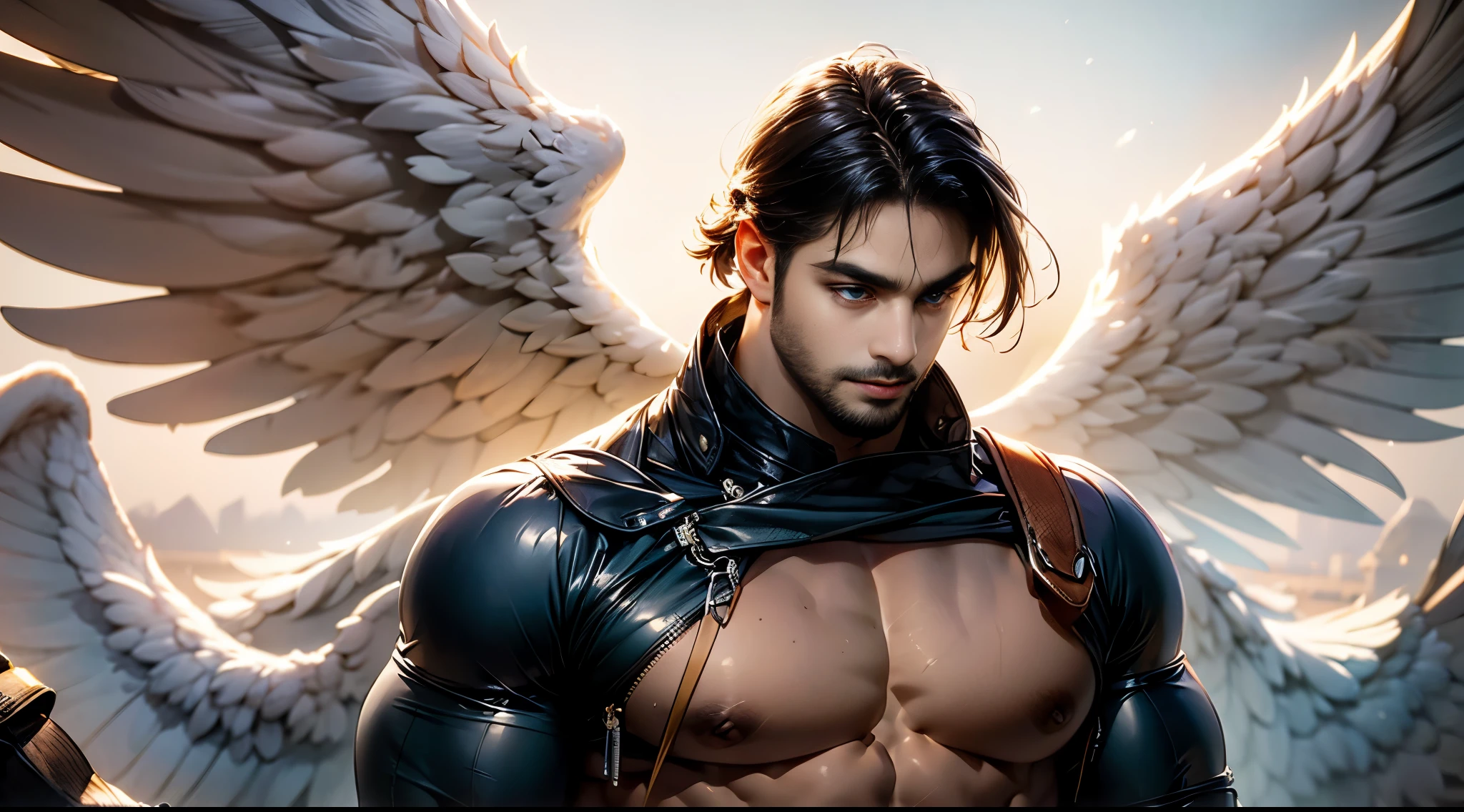(best quality,ultra-detailed,realistic:1.37), Daegan Tronos Character(1), handsome, dark skin, dark-tanned, perfect wings angel, symmetrical wings,blue eyes,small beard, medium-long haircut,casual outfit, shirtless, attractive, modern tactical outfit, combat style, battle posture, epic wallpaper.