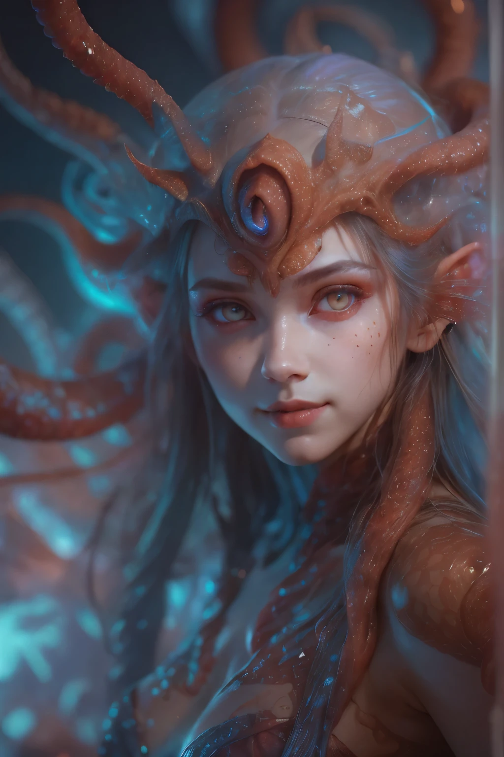 Portrait, (beautiful female alien:1.2), (There is a female genital-like organ in the middle of the forehead.:1.8), (The most beautiful face in the history of the universe:1.2), (scarlet eyes:1.6), (Translucent skin:1.8), an evil gaze that seduces, (red eyes:1.5), lick one's tongue in front of one's prey, Full body like, (bio luminescent:1.2), (Smile wickedly:1.3), (sexypose:1.5), alien, No humans, cells are fused, (Lots of translucent tentacles:1.1) (Translucent skin:1.3), extraterrestrial, cell, bio image, 魅惑的, Best Quality, 8K,4K_quality, High Definition, Dramatic Lighting, masutepiece:1.5,cinematic quality, detail up, (Intricate details:1.2), High resolution, High Definition, drawing faithfully, (Thick eyebrows:1.2), Beautiful eyes with fine symmetry, (Ultra detailed eyes:1.2),(Highly detailed face and eyes:1.2), (High-resolution red-eye:1.4), Intimate face, (Super detailed skin quality feeling:1.4), Perfect Anatomy, (Beautiful toned body:1.5), (Moist skin:1.2), No makeup, (dark circles:1.1), long canines, cinematic drawing of characters, ultra high quality model, cinematic quality, detail up, (Intricate details:1.2), High resolution, High Definition, drawing faithfully, Official art, Unity 8K wall , 8K Portrait, Best Quality, Very High resolution, ultra detailed artistic photography, midnight aura, unreal enginee 5, Ultra Sharp Focus, art by alberto seveso, ArtGerm, Roisch, intricate artwork, Medusa, best quality, masutepiece, ultra High resolution, (photos realistic:1.4), Ultra-realistic realism, dream-like, nautilus, Creation of fantasy, Snail, Dream Snail, biopunk nautilus, Thrilling color schemes, Ultra-realistic realism, seductively smiling, Blue tentacles