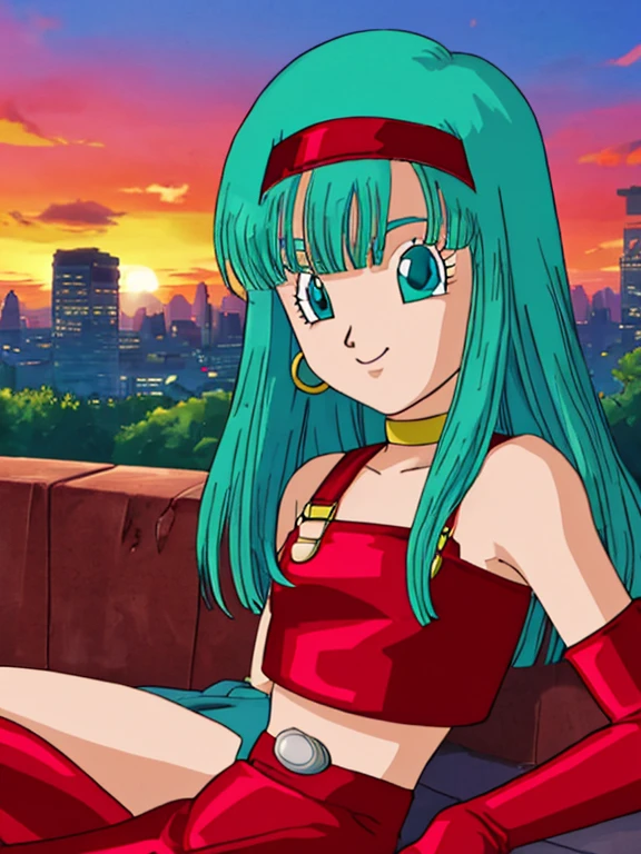 masterpiece, best quality, highest quality, photorealistic, perfect anatomy, perfect face, perfect eyes, aqua hair, brabulladbgt, red hairband, red gloves, red crop top, blue eyes, skirt, hoop earrings, choker, solo, 1 girl, city, outdoors, sexy pose, smile, sunset, sitting down, 2D illustration