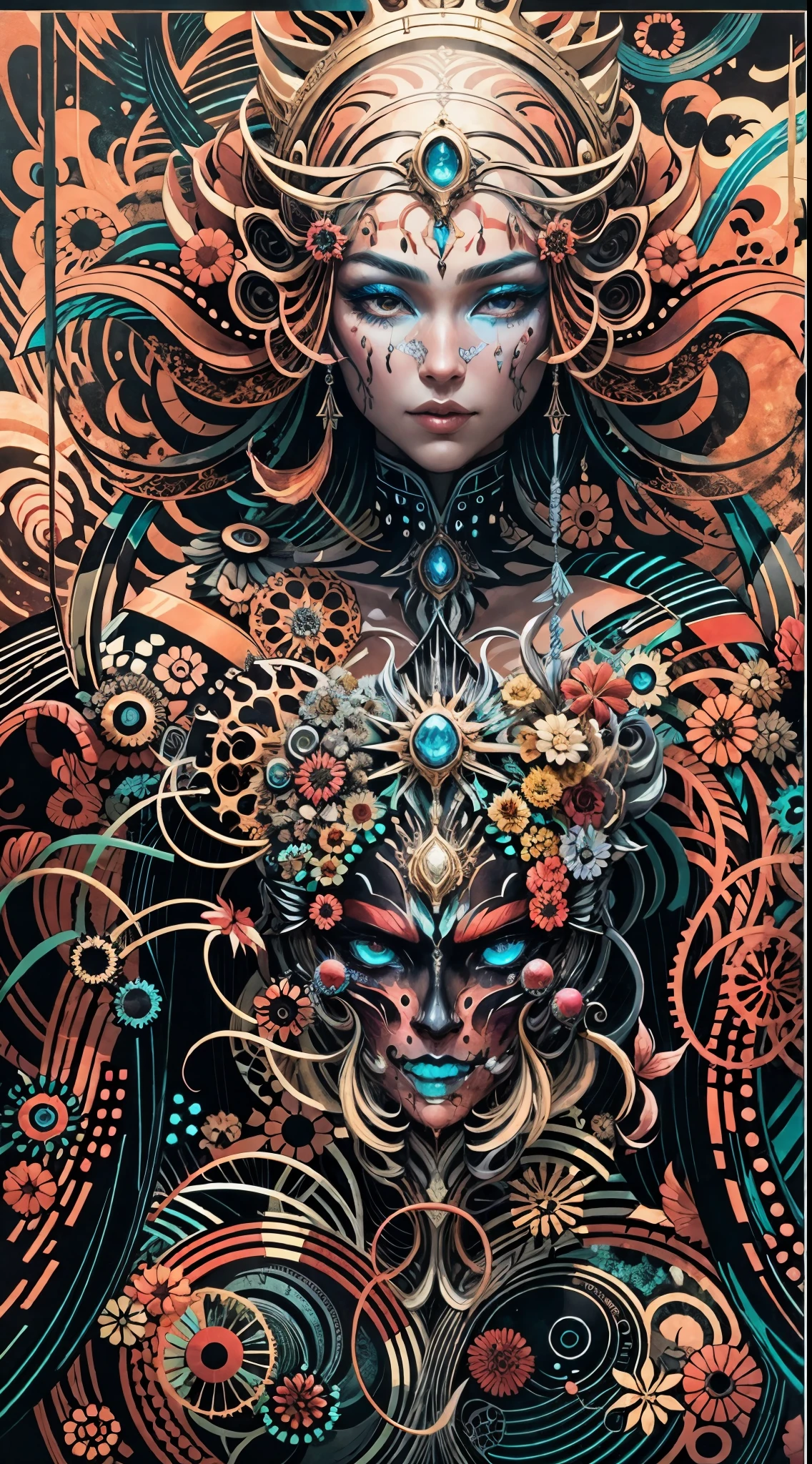 Explosive, otherworldly painting of a shape-shifting deity adorned with chaotic nano machine motifs and omnipresent, piercing eyes, a breathtaking amalgamation of fine art and captivating photo collage, mesmerizing poster design:: their appearance exuded the enigmatic allure of metal minimalism fused with cosmic chaos:: --ar 9:16 --s 963 --c 9  --q 2  --v 5