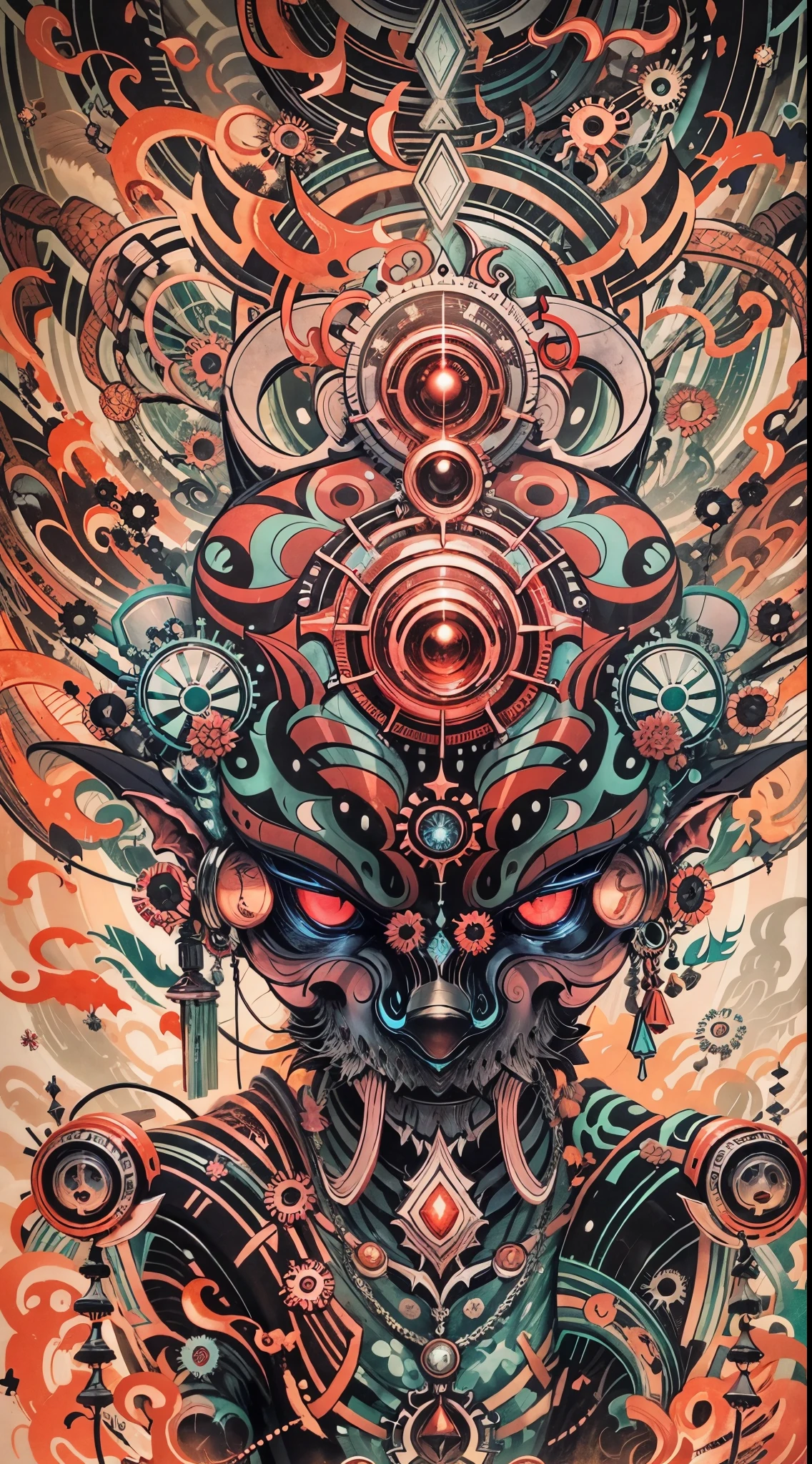 Explosive, otherworldly painting of a shape-shifting deity adorned with chaotic nano machine motifs and omnipresent, piercing eyes, a breathtaking amalgamation of fine art and captivating photo collage, mesmerizing poster design:: their appearance exuded the enigmatic allure of metal minimalism fused with cosmic chaos:: --ar 9:16 --s 963 --c 9 --q 2 --v 5