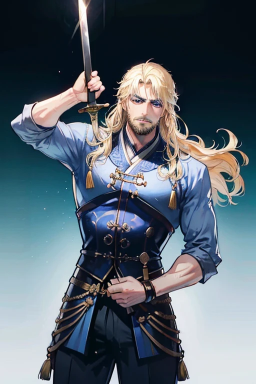 A blonde haired muscular handsome warrior with blue eyes with long hair and a dark beard is polishing a sword