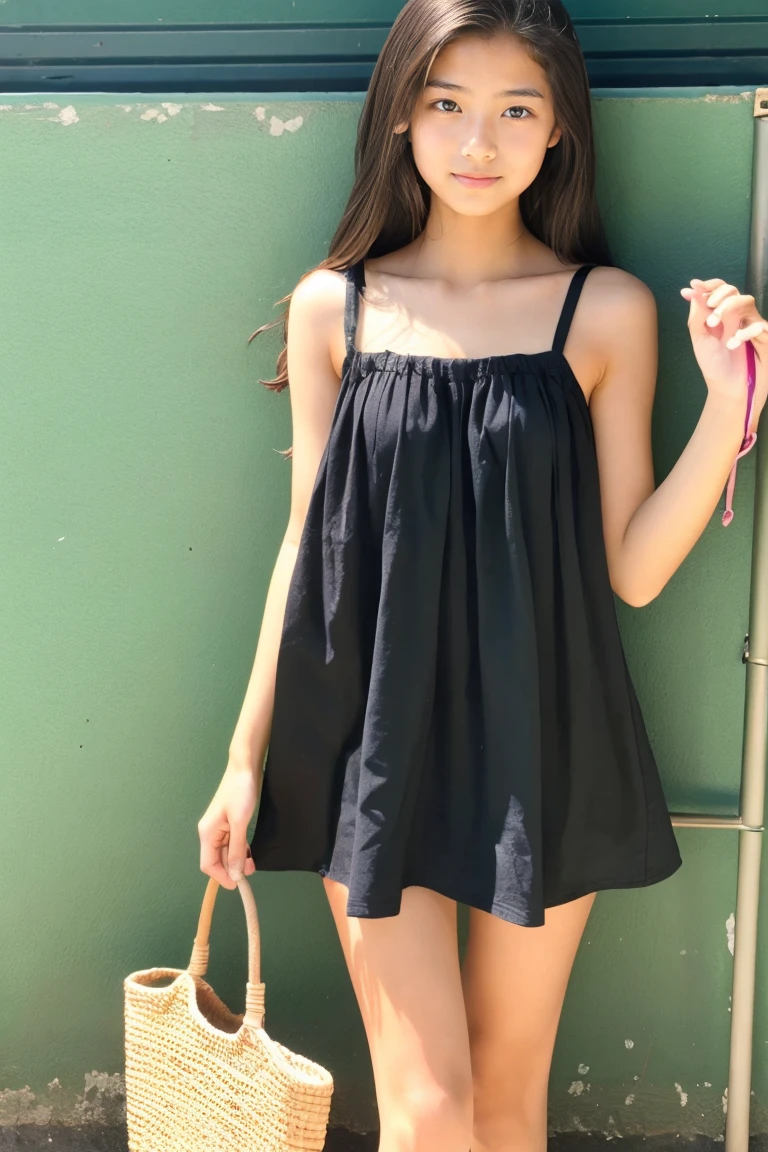A beautiful girl wearing a summer dress that hides her shoulders、 student、japanes、Wheat-toned skin、(heavy wind)、Allback、slightly tanned skin、((Black))、