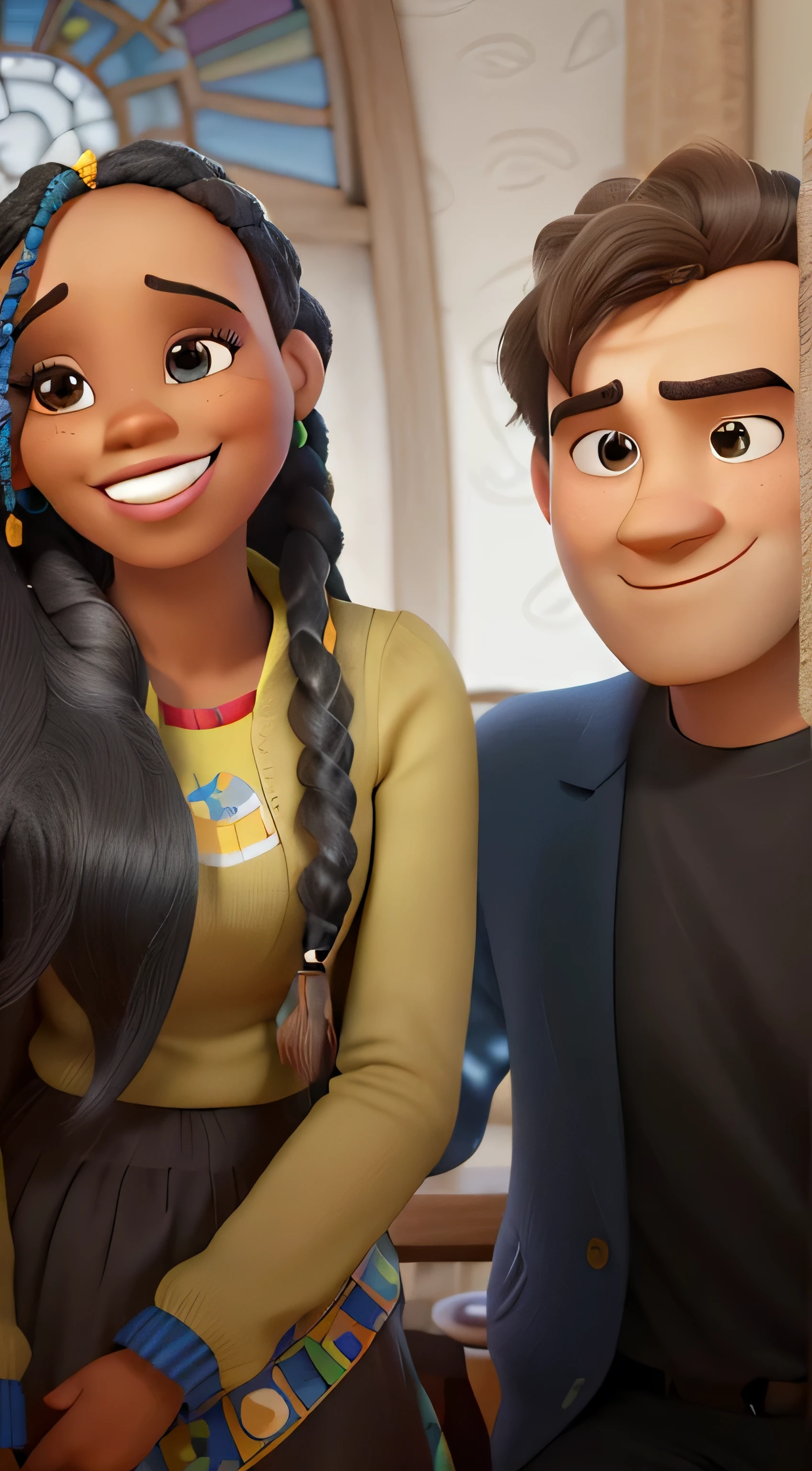 Marido e esposa, arte Pixar, alta qualidade, melhor qualidade, ela negra, e ele homem branco, ele com blusa azul xadrez, ela com dentes perfeitos, with a head of several braids, e fundo lindo, estilo disney
