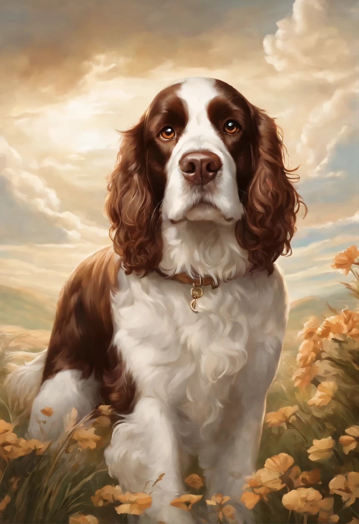 Close-up of a springer spaniel dog, Color (white with brown) runs a race with the clouds, спрингер спаниель Длиношерстный runs a race with the clouds, fluffy clouds, casimir art, illustration of shigenori soejima, boris valejo. Smiling springer spaniel dog, Detailed drawing of an anime character, подробный anime key figure, Granblue Fantasy, Beautiful owl in demon slayer art, Taisho Roman, A clear portrait of an RPG, Masamune Shiro, anime key figure