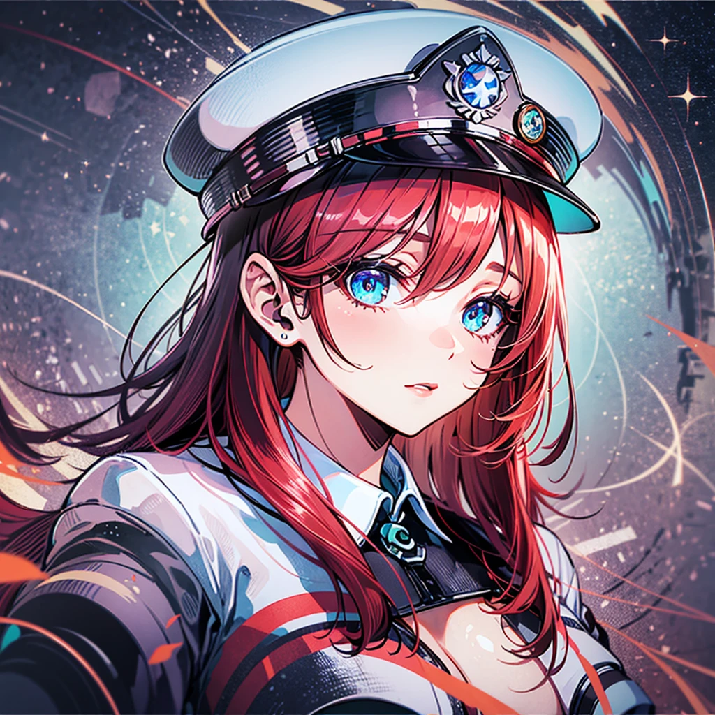 (((masterpiece)))、(((Top image quality)))、(((top-quality)))、(((highly detailed unity 8kwall-paper)))、(Illustration of one woman)、30-years old、(Viceroy)、((Red-haired shorthair))、(Thin hair hanging down both sides of the face)、Blue eyes、((Tall))、((Muscle Woman、stocky build、muscular legs、broad shoulders、solid chest))、((Military uniforms))、((Military Cap))、((Military coat))、(white clothes)、(White pants)、(White cap)、trench coat、((Inside the spaceship))、(The universe outside the window、Earth seen from space)
