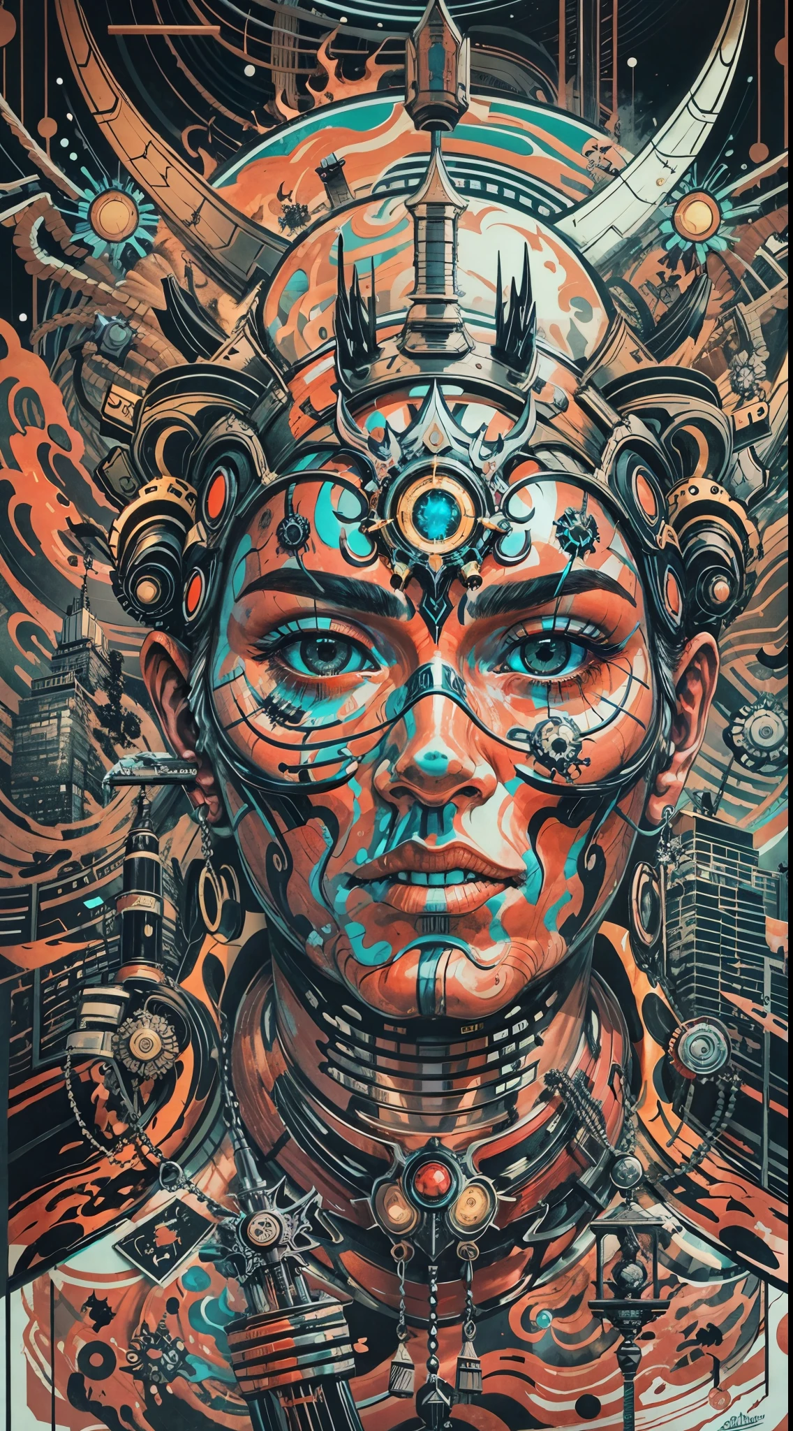 Explosive, otherworldly painting of a shape-shifting deity adorned with chaotic Terminator motifs and omnipresent, piercing eyes, a breathtaking amalgamation of fine art and captivating photo collage, mesmerizing poster design:: their appearance exuded the enigmatic allure of future skynet minimalism fused with cosmic chaos:: --ar 9:16 --s 963 --c 9 --q 2 --v 5