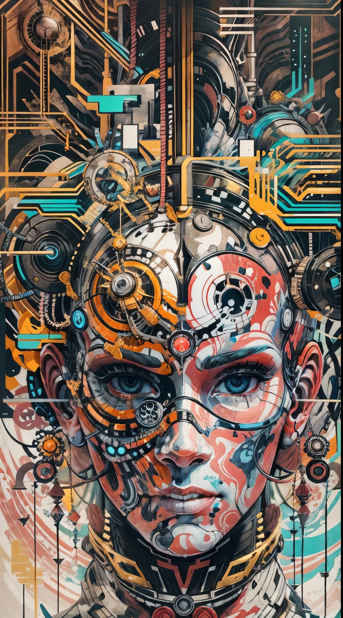 Explosive, otherworldly painting of a shape-shifting deity adorned with chaotic Terminator motifs and omnipresent, piercing eyes, a breathtaking amalgamation of fine art and captivating photo collage, mesmerizing poster design:: their appearance exuded the enigmatic allure of future skynet minimalism fused with cosmic chaos:: --ar 9:16 --s 963 --c 9 --q 2 --v 5