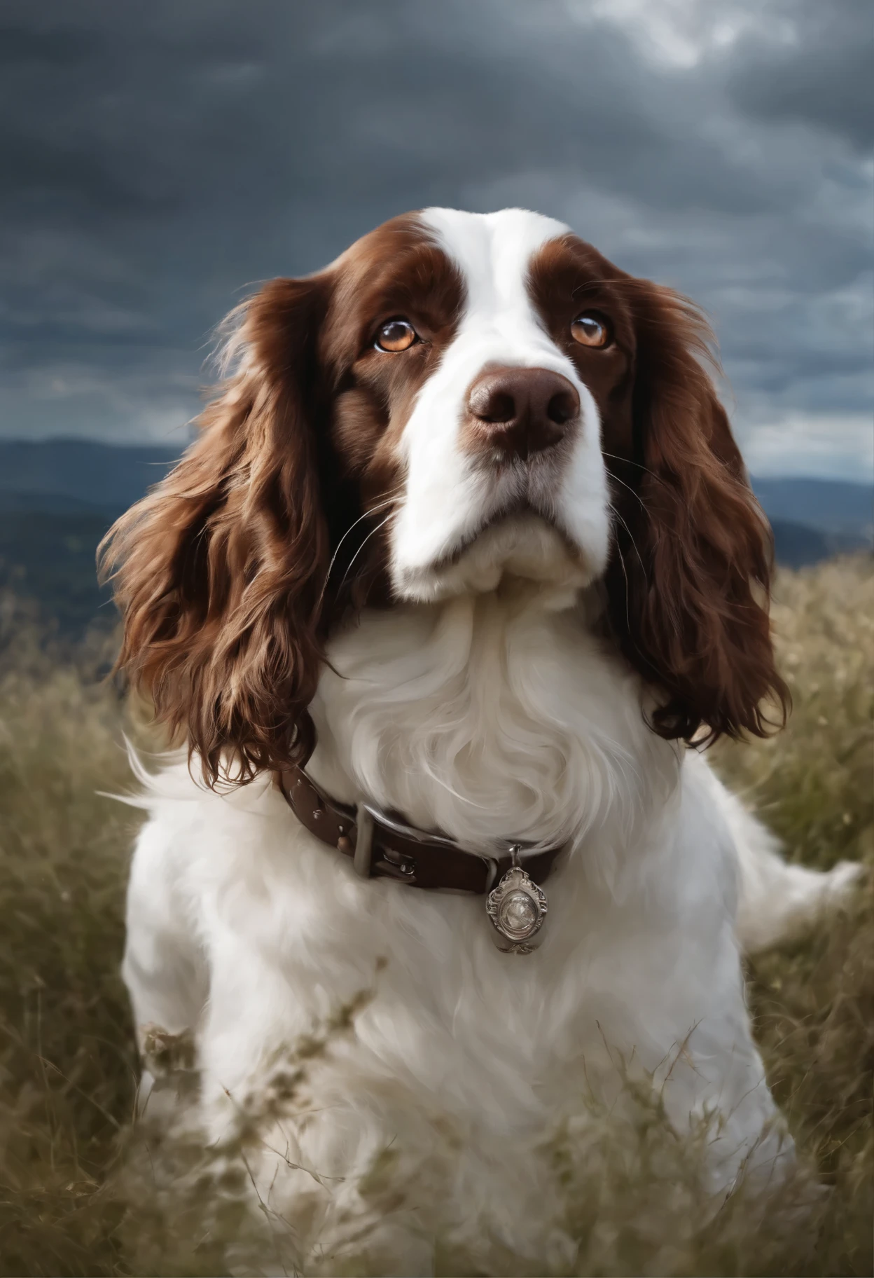 Close-up of a springer spaniel dog, Color (white with brown) runs a race with the clouds, спрингер спаниель Длиношерстный runs a race with the clouds, fluffy clouds, casimir art, illustration of shigenori soejima, boris valejo. Smiling springer spaniel dog, Detailed drawing of an anime character, подробный anime key figure, Granblue Fantasy, Beautiful owl in demon slayer art, Taisho Roman, A clear portrait of an RPG, Masamune Shiro, anime key figure
