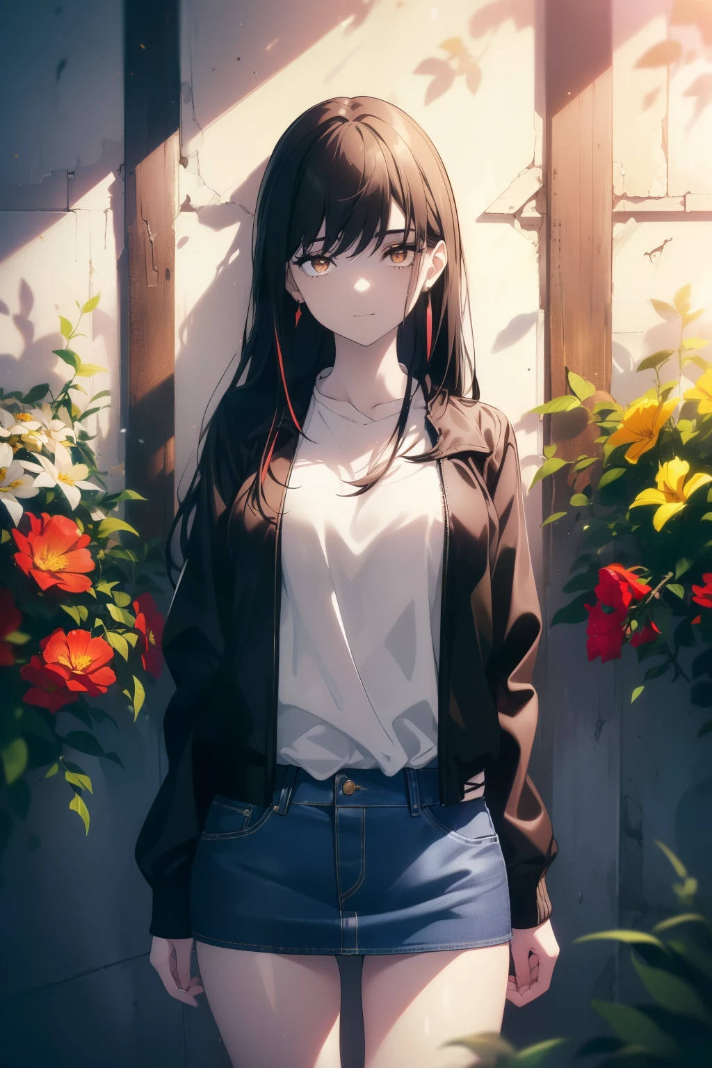 ((((Obra maestra, La mejor calidad, ultrahigh resolution)))), 1girl, standing, ((wearing a miniskirt and cool jacket, jeans)), (long black hair in view, in frame), pale skin, ((brown eyes)), (glowing_eyes, luminescent eyes), (ultra detailed eyes:0.7, beautiful and detailed face, detailed eyes:0.9), ((centered)), smile, ((wide shot)), (((vibrant background of outside, flowers, bright lighting, summer, sunlight))), flat chested, looking at viewer, ((perfect hands)), ((head:1, hips, elbows, arms, in view)), ((hands behind back)), beautiful lighting, defined subject, (18 years old), ((cool looking)), ((sun glare))