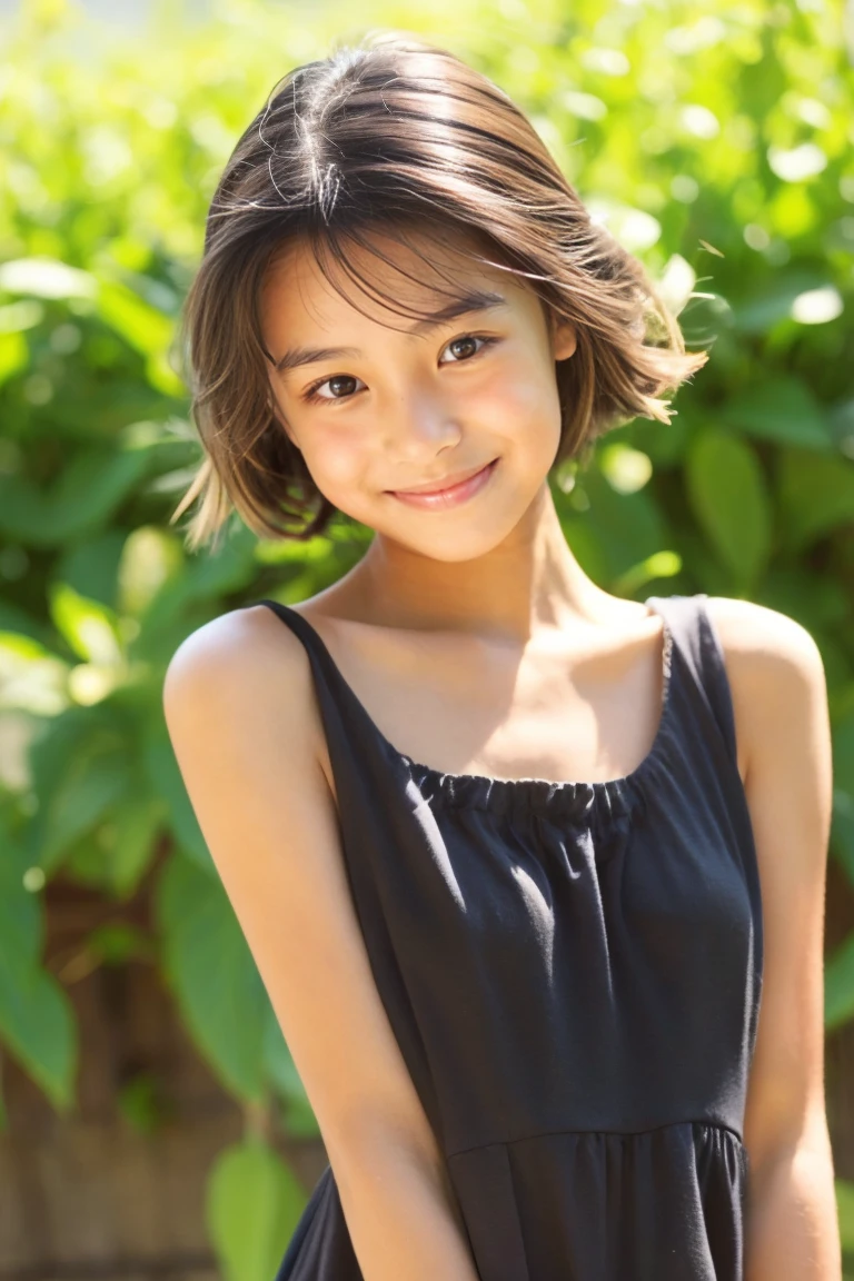 Short Buzz Cut Hair, (Best Quality),(masutepiece:1.1), (Beautiful  Japan kids girl),at-chest),
(Chiseled face:0.7), (freckle:0.6), Cute lips, Naughty face
Natural light,
Provocative ,Smile,
(flat bangs:0.6),
(Pink Beach Cover Up), (Green Floral Shorts),
(In the back alley),