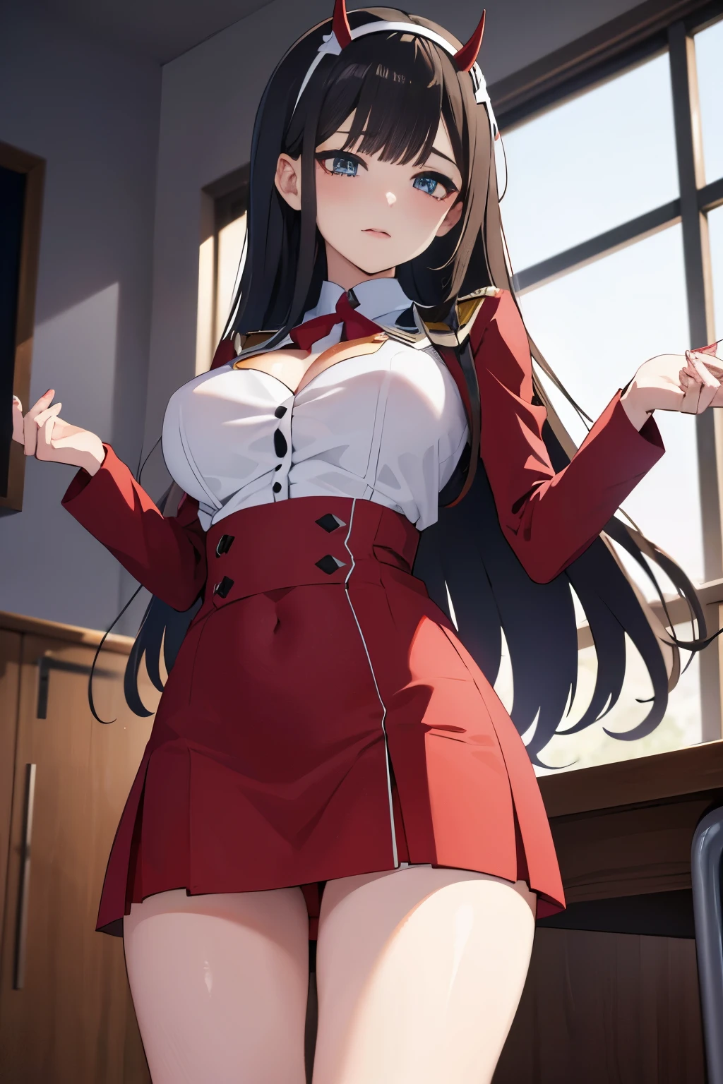 (Masterpiece:1.2, high quality), (pixiv:1.4), (1girl:1.2), (solo:1.2), (embarrassed), (Zero two), horns, bangs, wavy hair, crystal green eyes, (detailed eyes), black eyeshadow, (blush:1.2), school uniform, brown skirt, (beautiful round breasts:1.2), collarbone, exposed cleavage, seductive look, dynamic pose, (lifting skirt), (view from below), beautiful thighs, slim waist, waistline, lifted skirt, detailed pubic area, pink pussy, (labia), intrinsic details, ultra-detailed, blurry background, highly focused face, high resolution, (detailed face), vivid colors, aesthetic indoors, professional photography, artistic details, classroom backgrounds, desks, window