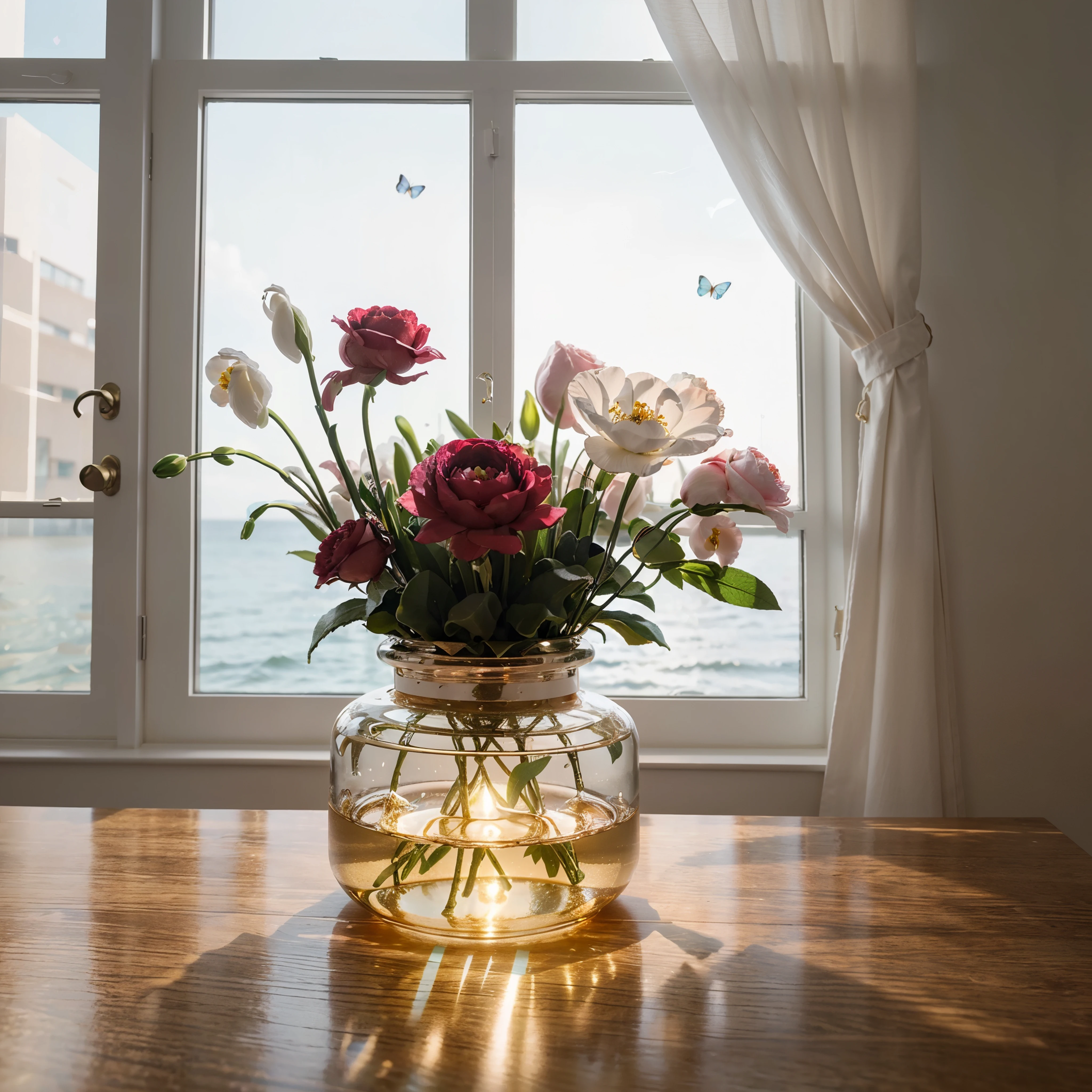 (Best quality at best,A high resolution,ultra - detailed,actual), Seaside window view，Ocean-like perfume interior，Translucent melts，Transparent glass material，Clean and transparent，ultra-realistic realism，luxury goods，Noble，femminine，designer touch，Contour light，Medium view，Butterflies，An environment where flower petals float in the air，Light gold and light pink interior background rose or snowdrop or peony flower，senior color matching，Studio lighting，hyper-high detail，。.3D，oc rendered，HD，8K， --v 6