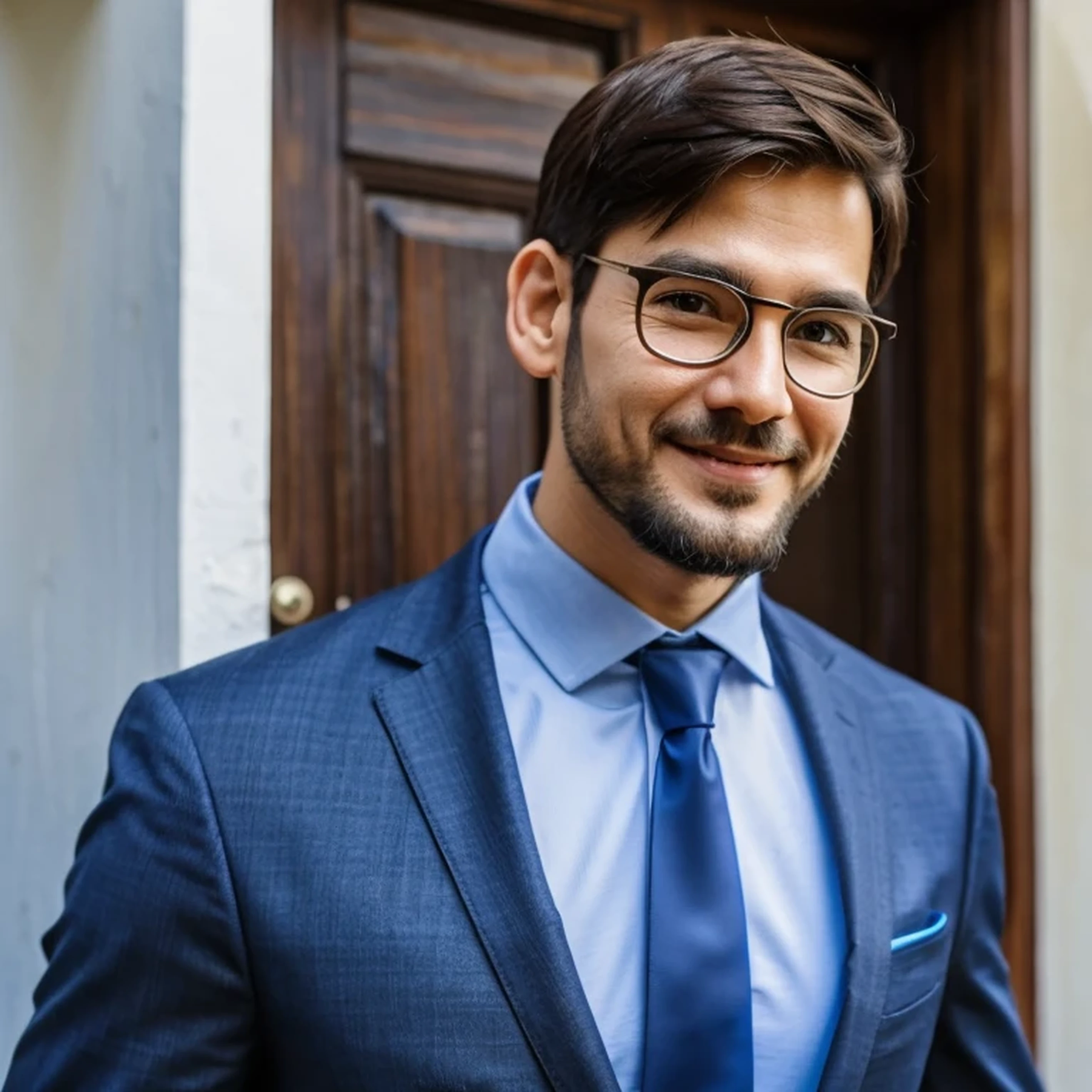 macho, 37 anos, com cabelos curtos, glasses, terno e gravata, sorridente, sorridente, head shoot, olhando para a direita, barba aparada