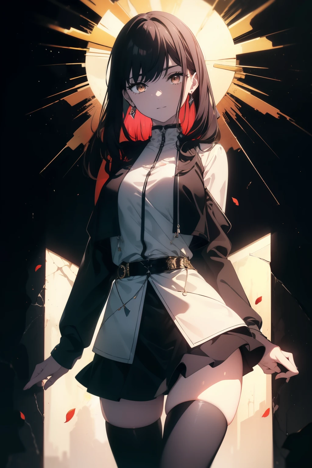((((Obra maestra, La mejor calidad, ultrahigh resolution)))), 1girl, standing, ((wearing a miniskirt and cool jacket, tights)), (long black hair in view, in frame), pale skin, ((brown eyes)), (glowing_eyes, luminescent eyes), (ultra detailed eyes:0.7, beautiful and detailed face, detailed eyes:0.9), ((centered)), smile, ((wide shot)), (((vibrant background of outside, flowers, bright lighting, summer, sunlight))), flat chested, looking at viewer, ((perfect hands)), ((head:1, hips, elbows, arms, in view)), ((hands behind back)), beautiful lighting, defined subject, (18 years old), ((cool looking)), ((sun glare))