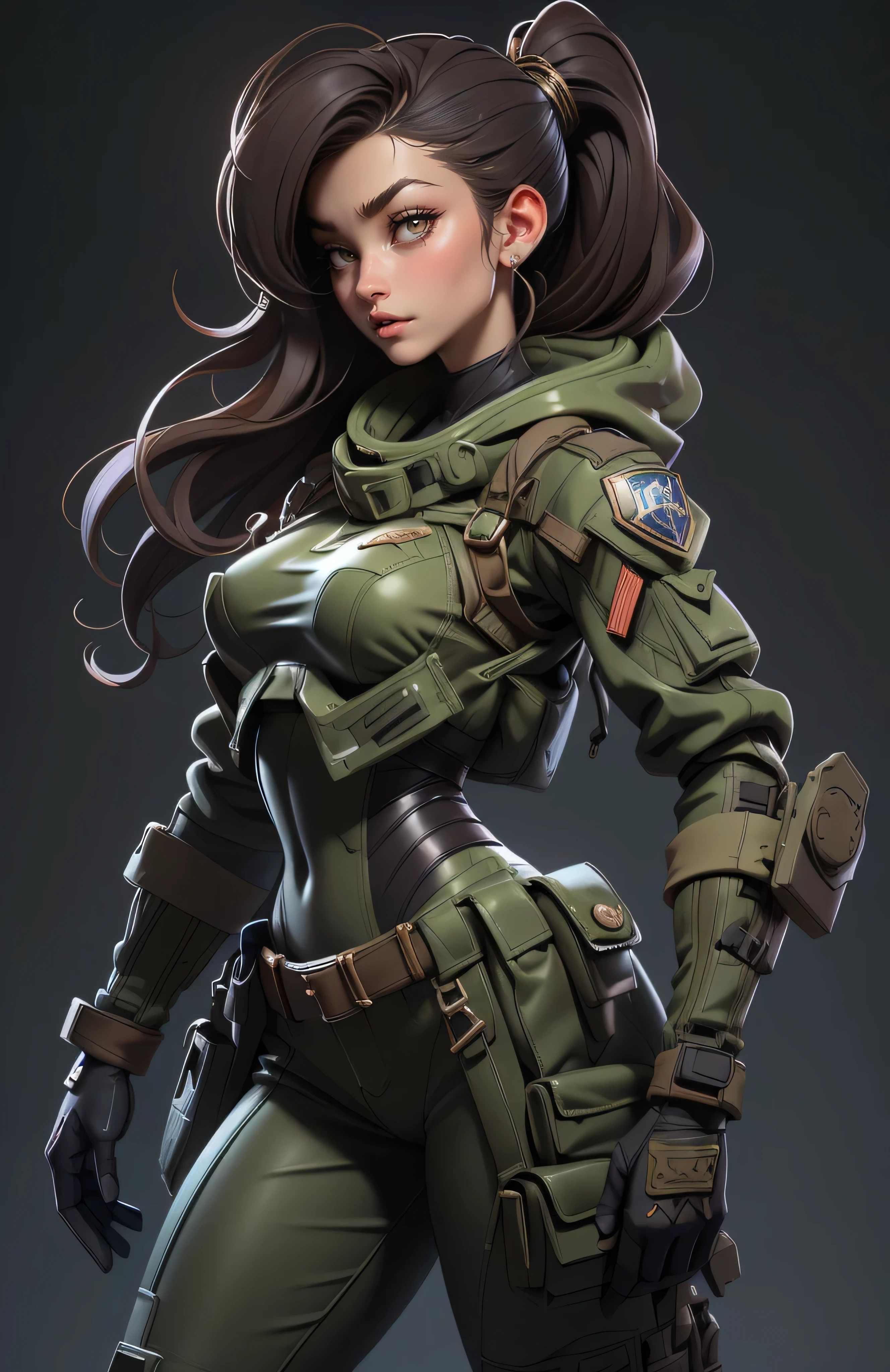 11:23(((Best quality at best: 1.4))),(无与伦比的tmasterpiece), (hyper HD),(Hyper-realistic 8k CG)、(dark colored hair) ((( body))), (((1 girl in))), 25-year-old American soldier with perfect body,,Beautiful and well-groomed face,muscular body:1.2,Solid royal blue jacket with details, (Pictures from head to thighs), Complex equipment,,long trousers,The clothes inside are dark, ),Gorgeous and fearless female warrior, fit and muscular body, military shirt, shoulder, dark gold hair, tattooed arms, Full detail on the face, high detal, actual, Photoquality, high high quality, (photoactual:1.4), The content is very detailed, tmasterpiece, high high quality阴影,