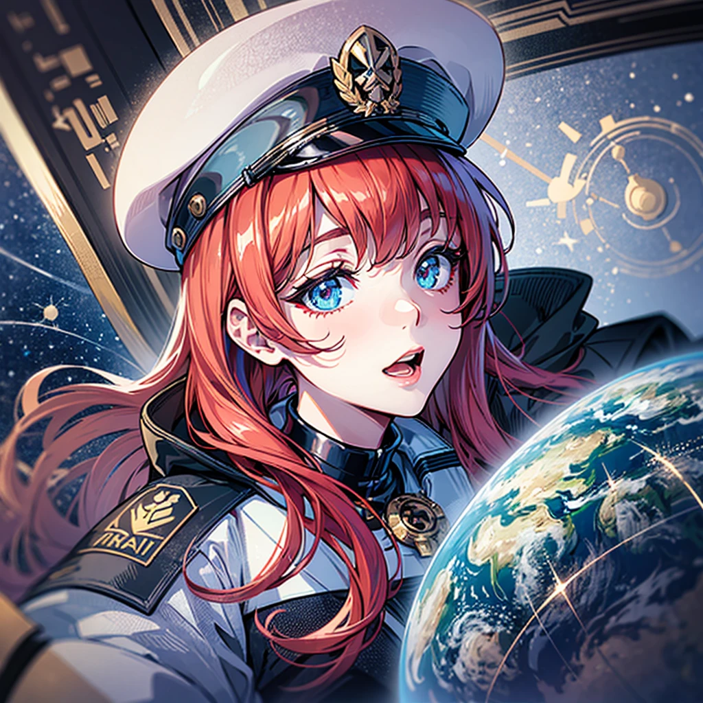 （（（​masterpiece）））、（（（Top image quality）））、（（（top-quality）））、（（（highly detailed unity 8ｋwall-paper）））、（Illustration of one woman）、30-years old、（Viceroy）、（（Red-haired shorthair））、（Thin hair hanging down both sides of the face）、Blue eyes、（（Tall））、（（Muscle Woman、stocky build、muscular legs、broad shoulders、solid chest））、（（Military uniforms））、（（Military Cap））、（（Military coat））、（white  clothes）、（White pants）、（White cap）、trench coat、（（（Inside the bridge of the spaceship）））、（The universe outside the window、Earth seen from space）