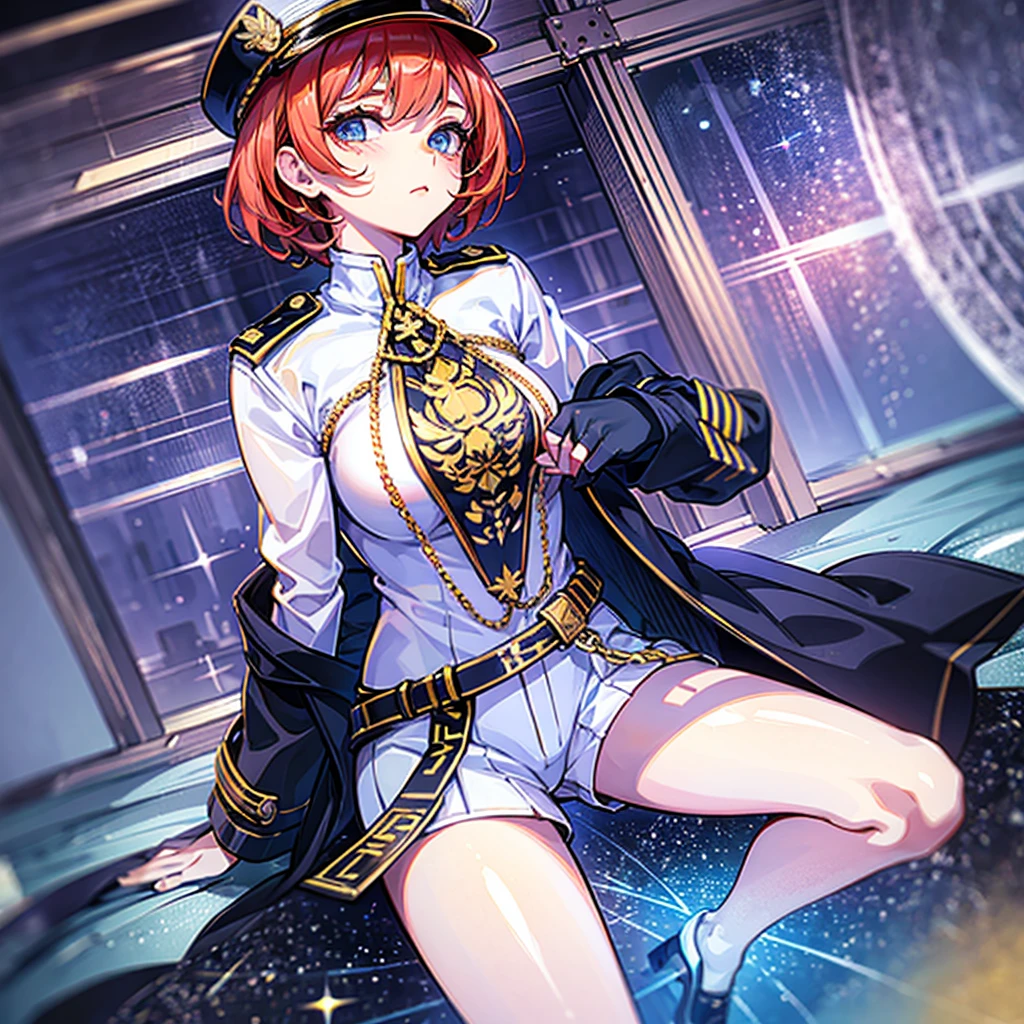（（（​masterpiece）））、（（（Top image quality）））、（（（top-quality）））、（（（highly detailed unity 8ｋwall-paper）））、（Illustration of one woman）、30-years old、（Viceroy）、（（Red-haired shorthair））、（Thin hair hanging down both sides of the face）、Blue eyes、（（Tall））、（（Muscle Woman、stocky build、muscular legs、broad shoulders、solid chest））、（（Military uniforms））、（（Military Cap））、（（Military coat））、（white  clothes）、（White pants）、（White cap）、trench coat、（（Inside the spaceship））、（The universe outside the window、Earth seen from space）
