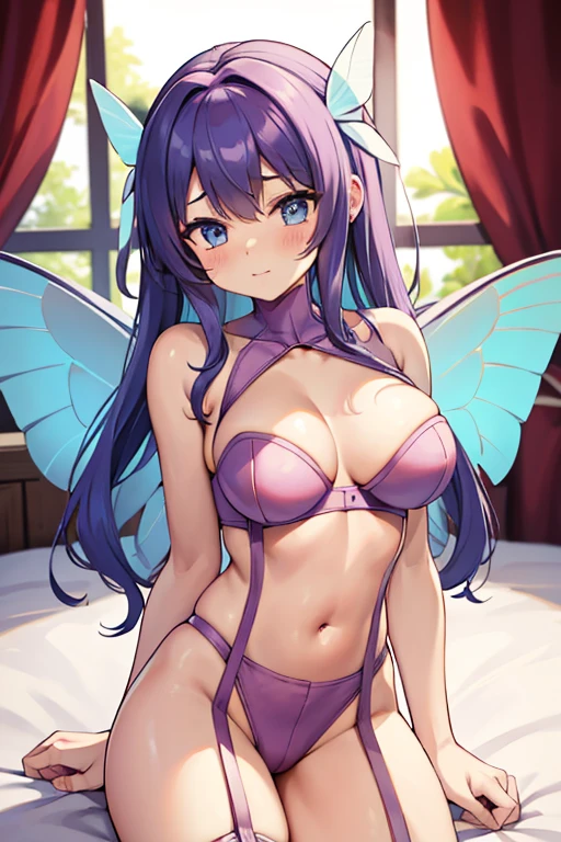 ((Best Quality)), ((Masterpiece)), (detailed), purple hair, blue eyes, hair ornament, ((butterfly wings)), (((Crimson bra))), (((Crimson underwear))), (((Crimson lingerie))), sexy, large breast, bed