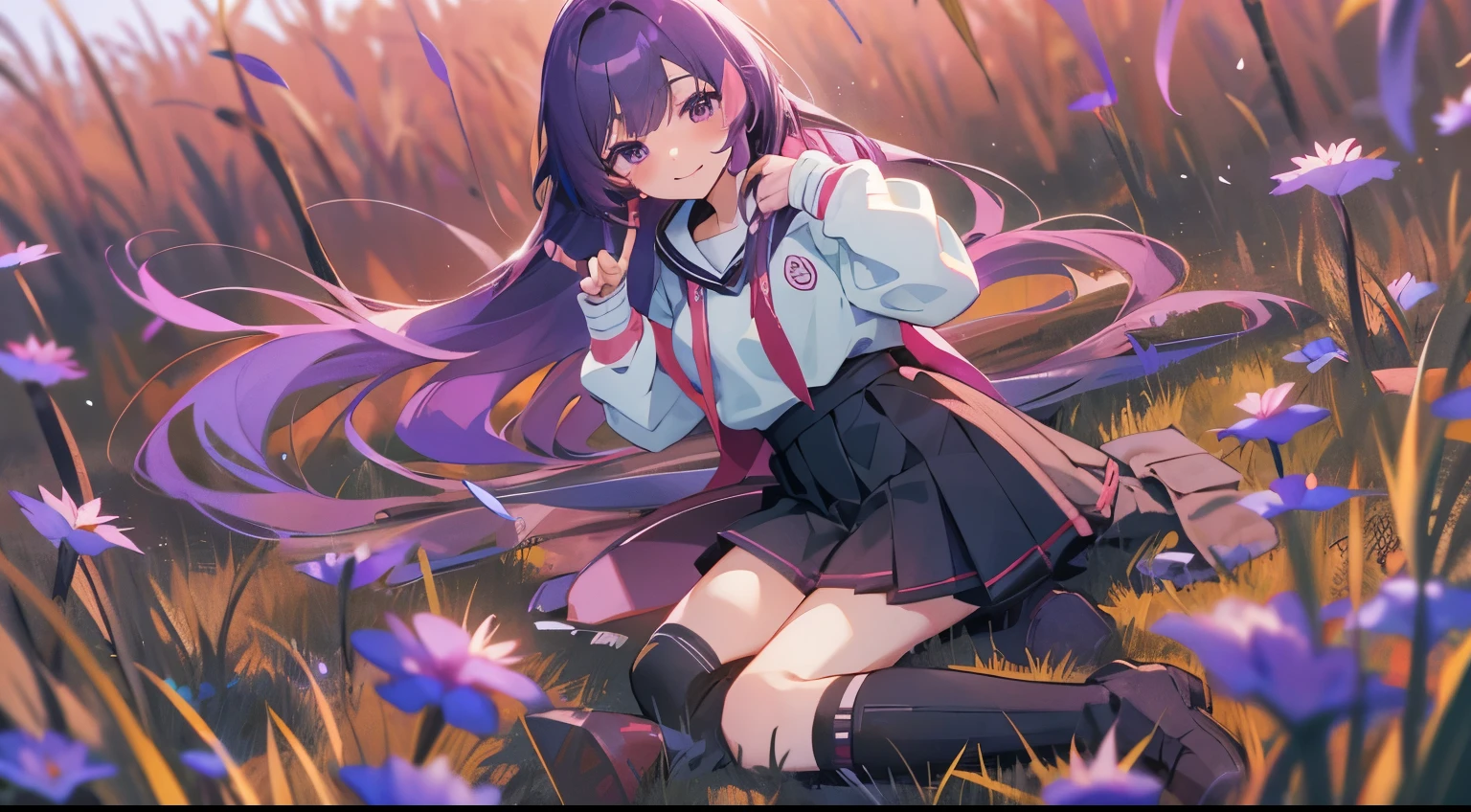 grass field，the sunset，Long purple hair，Purple eye，Black sweatshirt，laughingly，8K分辨率，a black pleated skirt，black over-the-knee socklack Martin boots