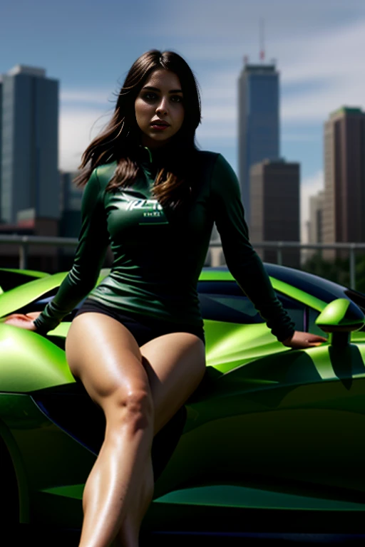 arafed girl sitting on a green sports car in a city, need for speed, hd, widescreen shot , high definition , amazing,4k, cinematic widescreen shot, widescreen,