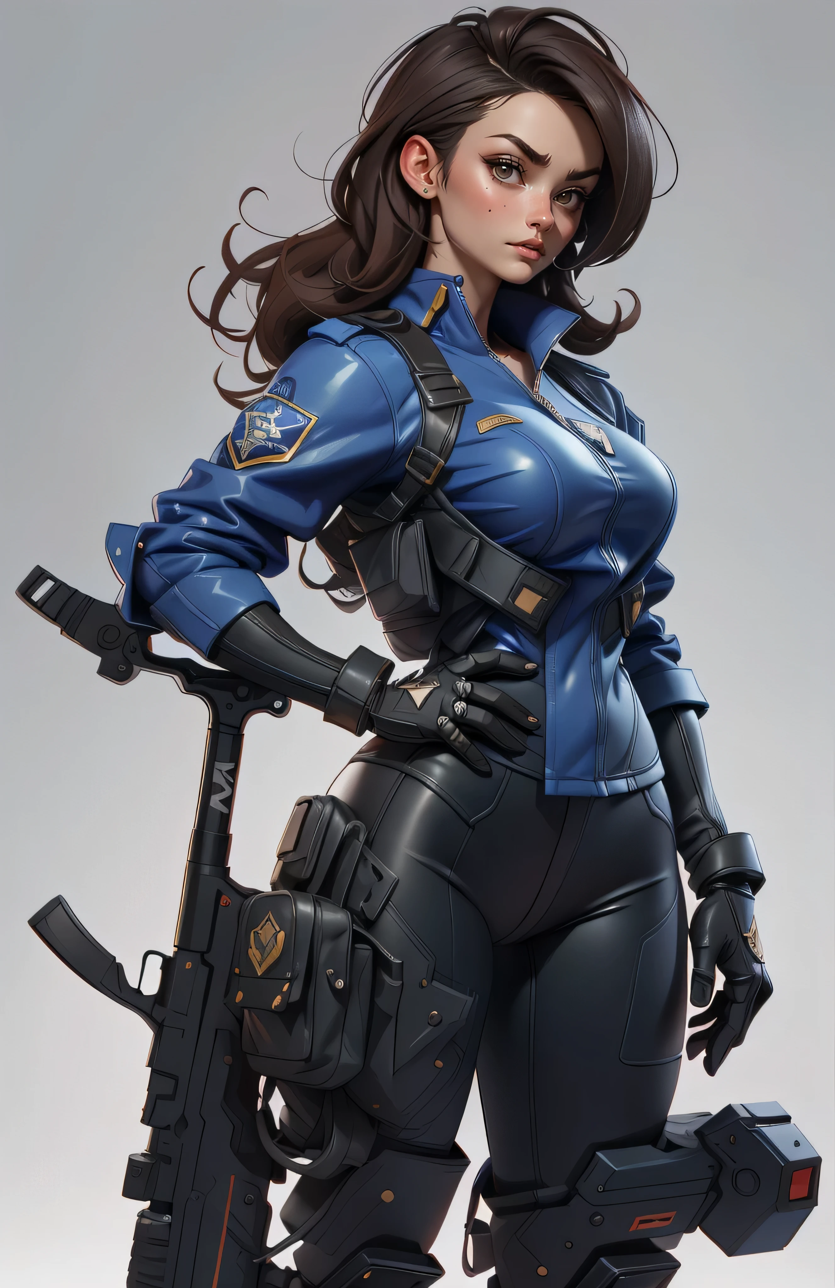11:23(((Best quality at best: 1.4))),(无与伦比的tmasterpiece), (hyper HD),(Hyper-realistic 8k CG)、(dark colored hair) ((( body))), (((1 girl in))), 25-year-old American soldier with perfect body,,Beautiful and well-groomed face,muscular body:1.2,Solid royal blue jacket with details, (Pictures from head to thighs), Complex equipment, Manteau,long trousers,The clothes inside are dark, ),Gorgeous and fearless female warrior, fit and muscular body, military shirt, shoulder, Brown hair, tattooed arms, Full detail on the face, high detal, actual, Photoquality, high high quality, (photoactual:1.4), The content is very detailed, tmasterpiece, high high quality阴影,