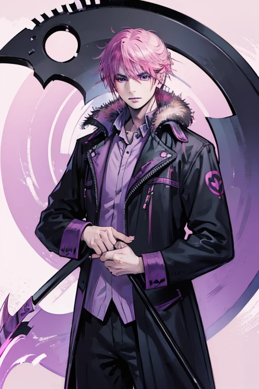 A pink haired male reaper with violet eyes is holding a scythe