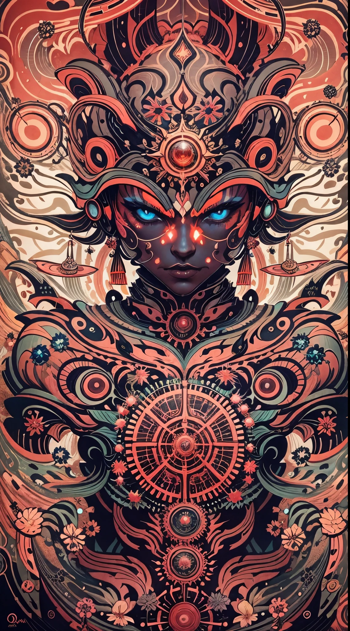Explosive, otherworldly painting of a shape-shifting deity adorned with chaotic nano machine motifs and omnipresent, piercing eyes, a breathtaking amalgamation of fine art and captivating photo collage, mesmerizing poster design:: their appearance exuded the enigmatic allure of metal minimalism fused with cosmic chaos:: --ar 9:16 --s 963 --c 9 --q 2 --v 5