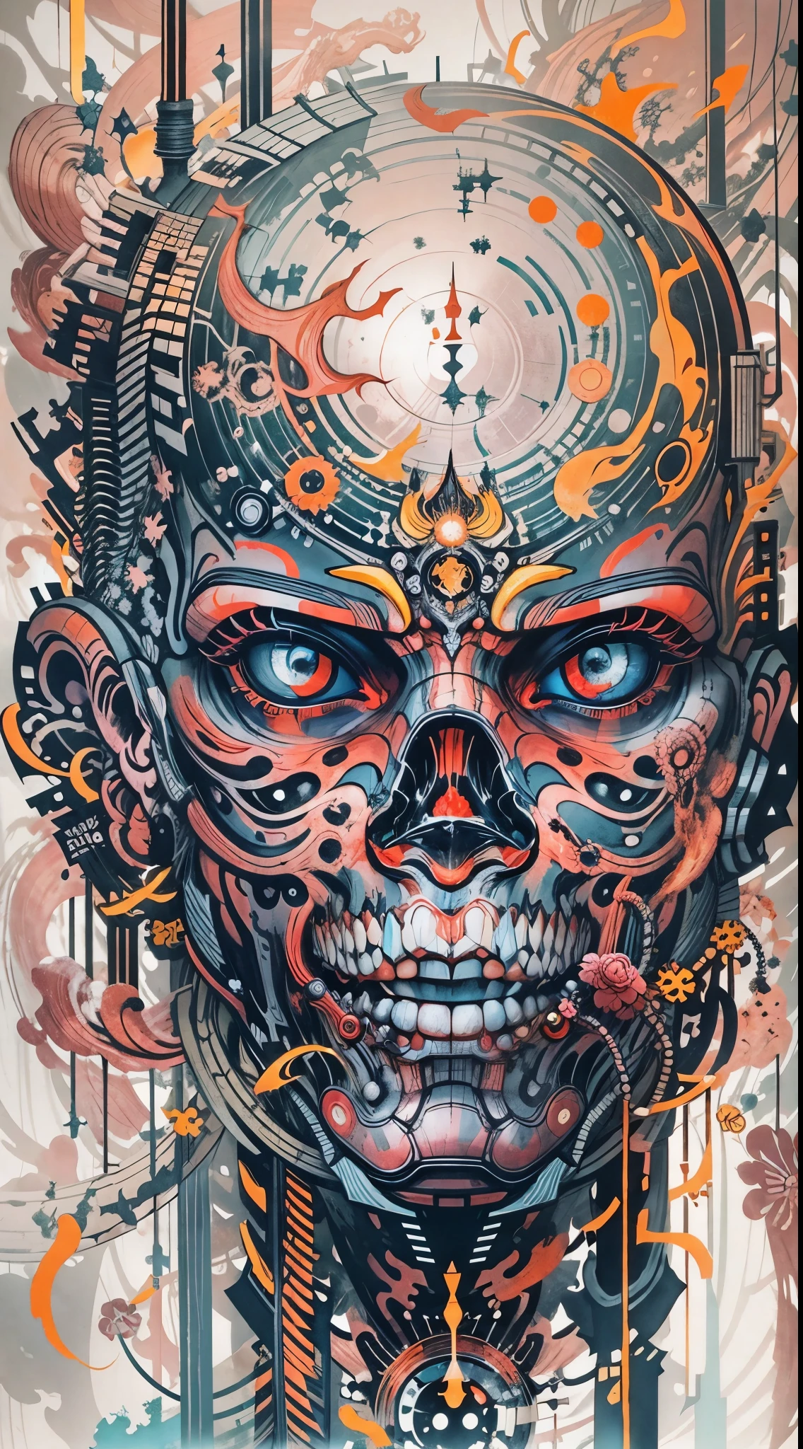 Explosive, otherworldly painting of a shape-shifting deity adorned with chaotic Terminator motifs and omnipresent, piercing eyes, a breathtaking amalgamation of fine art and captivating photo collage, mesmerizing poster design:: their appearance exuded the enigmatic allure of future skynet minimalism fused with cosmic chaos:: --ar 9:16 --s 963 --c 9  --q 2  --v 5