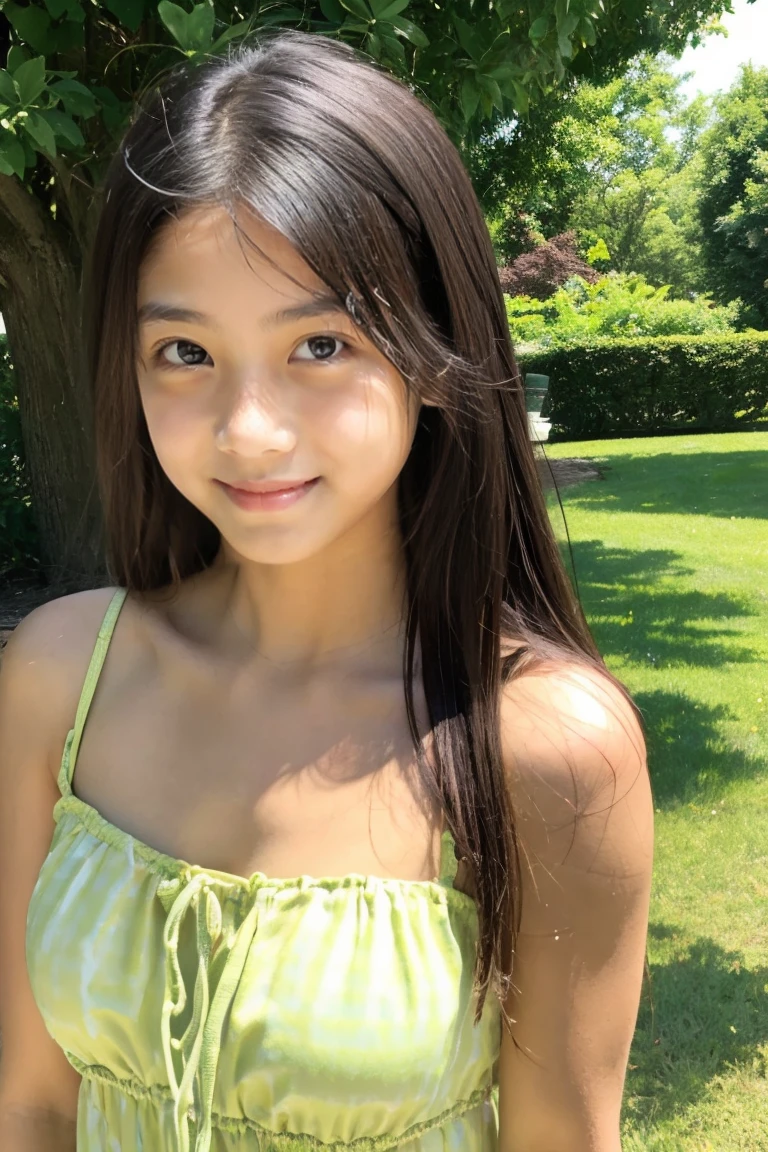 A beautiful girl wearing a summer dress that covers her shoulders、15yo student、japanes、Wheat-toned skin、(heavy wind)、Allback、slightly tanned skin、((Black))、playful expression、