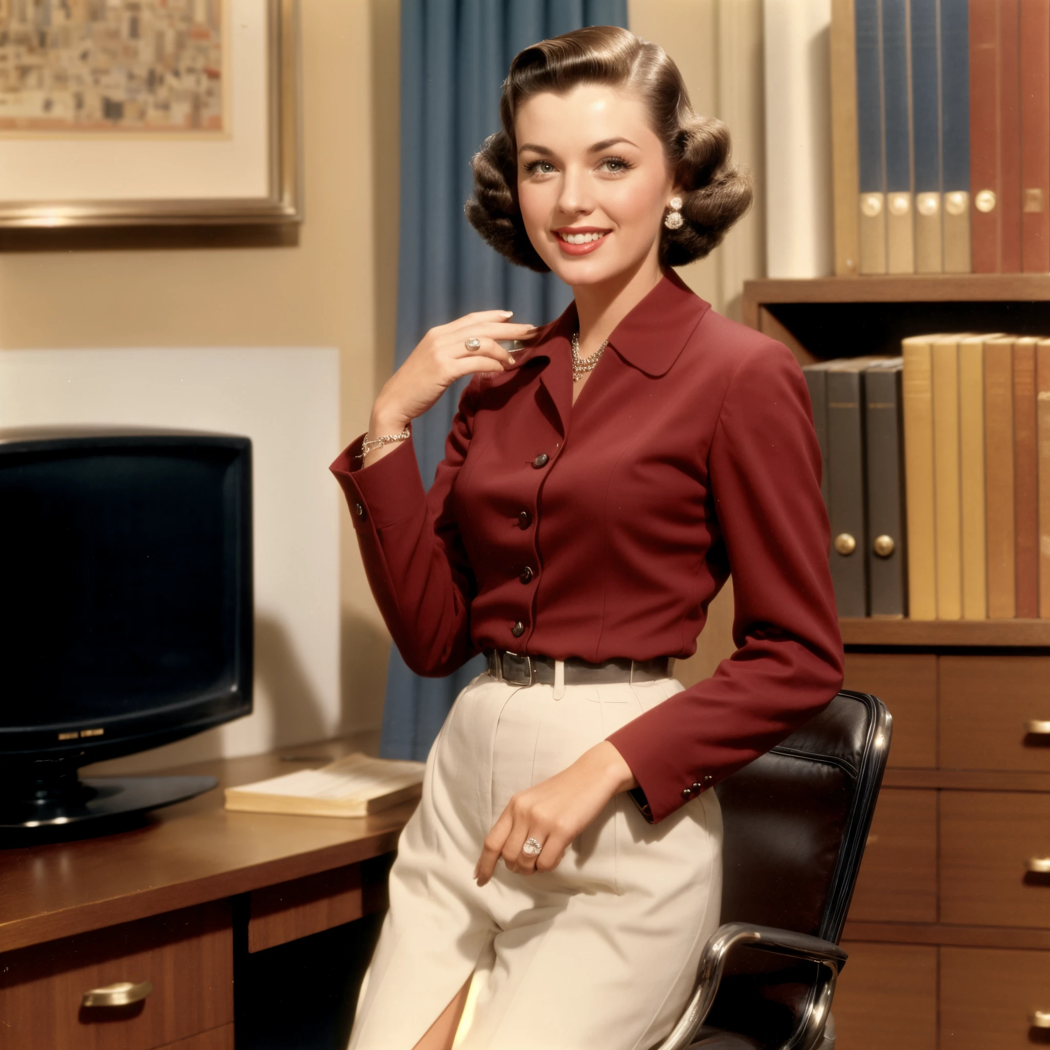 Vintage photo taken in 1955，Photo of a woman wearing office clothes, 50 years office, mad men tv scenes, Happy, Light brown hair, Alone