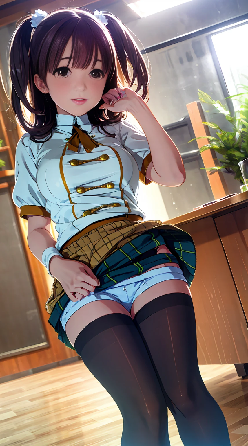 Girl seen from the floor, You can wear skirts and shorts, view from below, Long stockings or pantyhose, medium breasts, ((Very detailed)), (Perfectly detailed face), (Very detailed hand), Photorealistic images.