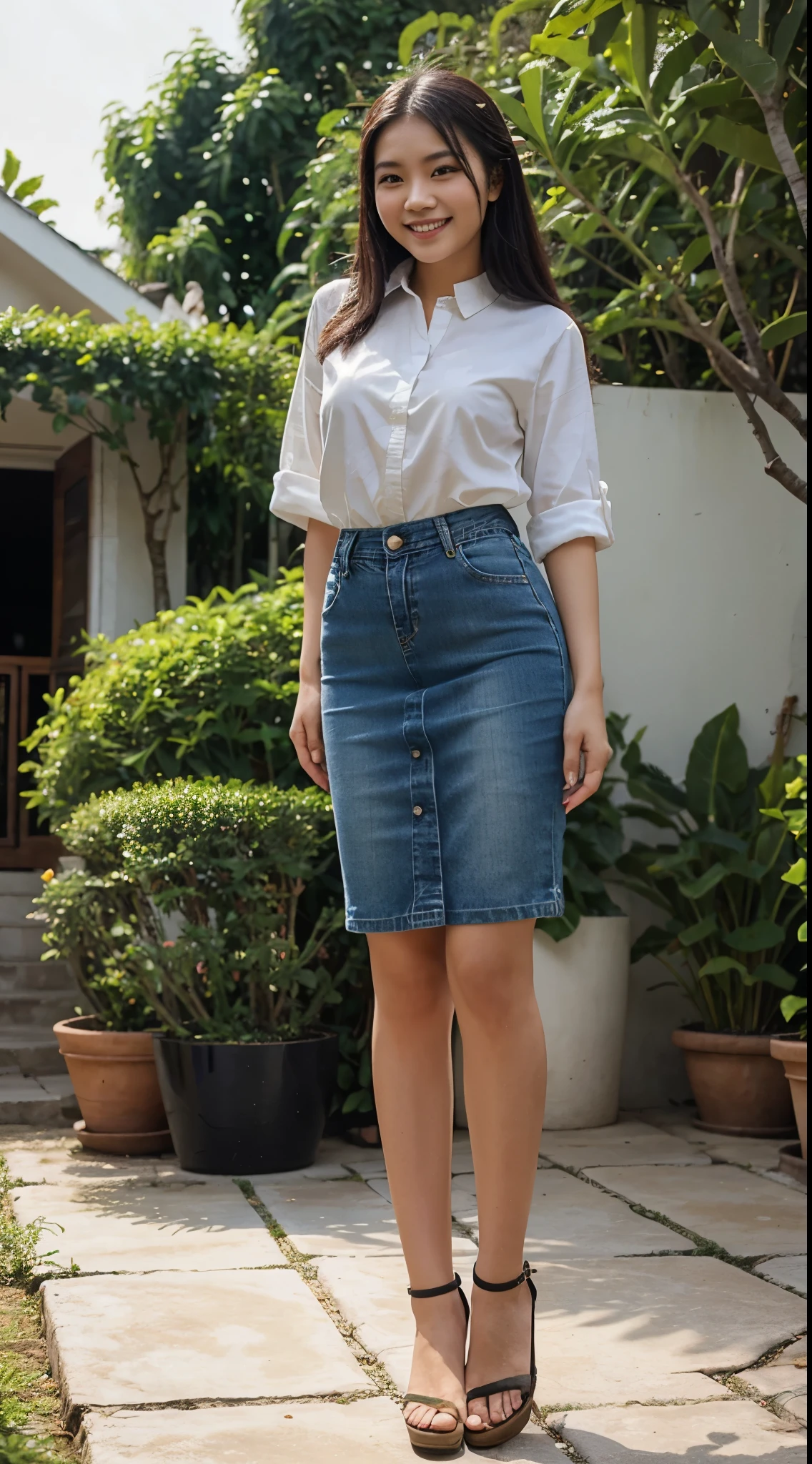 A beautiful Vietnamese girl in long jeans skirt, standing and smiling in her villa garden. Full body