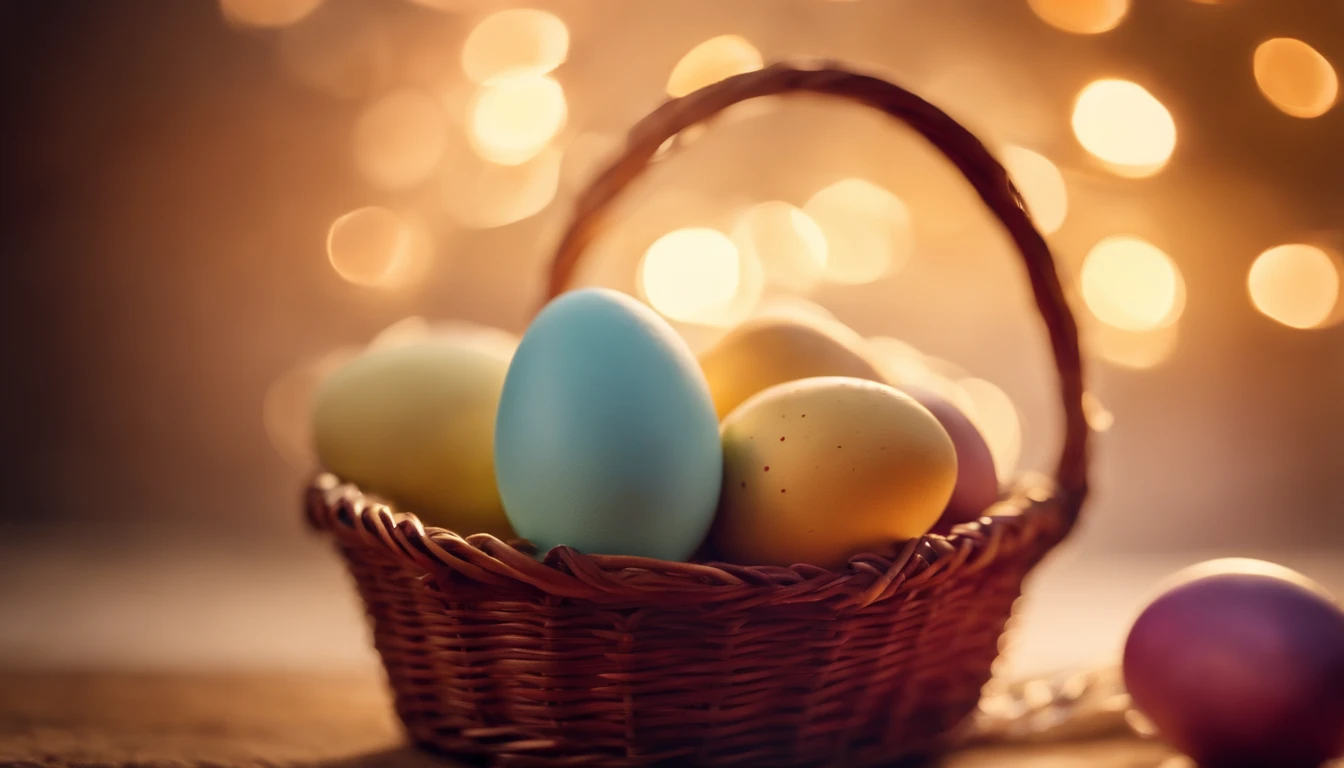 a bokeh shot of Easter eggs in a basket, with soft, blurred lights in the background, creating a dreamy and magical Easter scene