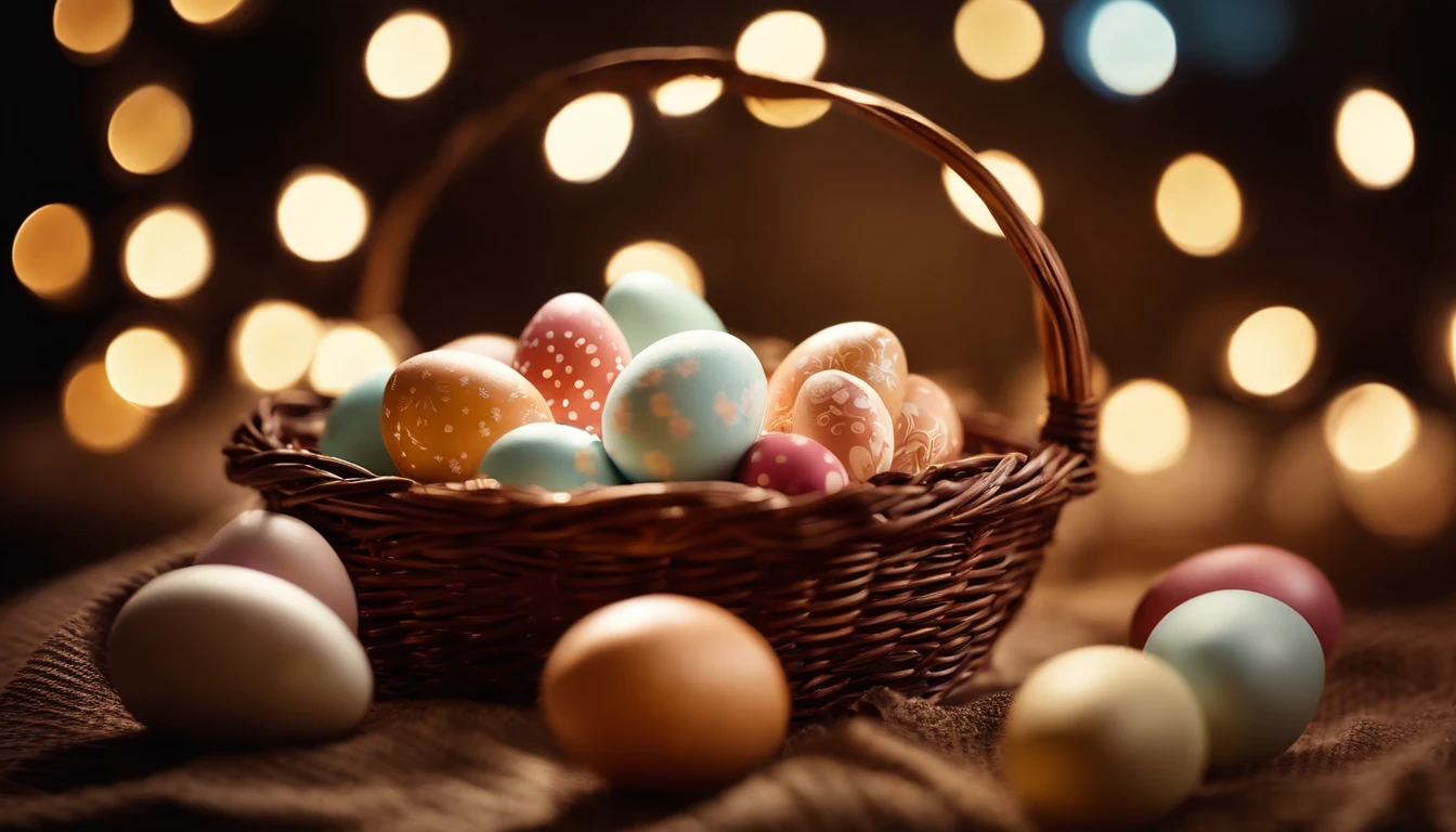 a bokeh shot of Easter eggs in a basket, with soft, blurred lights in the background, creating a dreamy and magical Easter scene