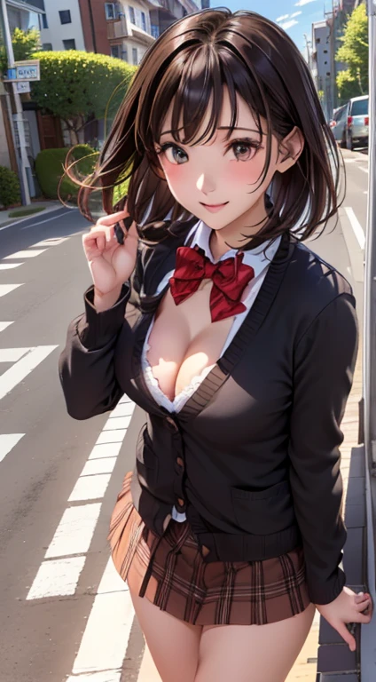 ((masutepiece, Best Quality, hight resolution, nffsw, Perfect Pixel, 4K, nffsw, nffsw))), 1girl in, Single, Solo, Beautie、full body seen、 ((Middle Wave Hair, Bangs, Brown hair)), ((Brown-eyed, Beautiful eyelashes, Realistic eyes)), ((Detailed face, Blushing:1.2)), ((Smooth texture:0.75, Realistic texture:0.65, Photorealistic:1.1, Anime CG style)), medium breasts, Dynamic Angle, Perfect body, ((red bowtie, School uniform, Black jacket, Open jacket, Brown cardigan, White shirt, Black skirt, plaid skirts)), City staircase、Looking up from the bottom of the stairs、Very embarrassing panic smile, turned around、bending forward、(The wind flipped my skirt and exposed my butt...........................、Touching the buttocks with both hands、White lace panties)、(vulvashaped、Mekostreak、Nipple Pochi、Thigh gap、Naked)、