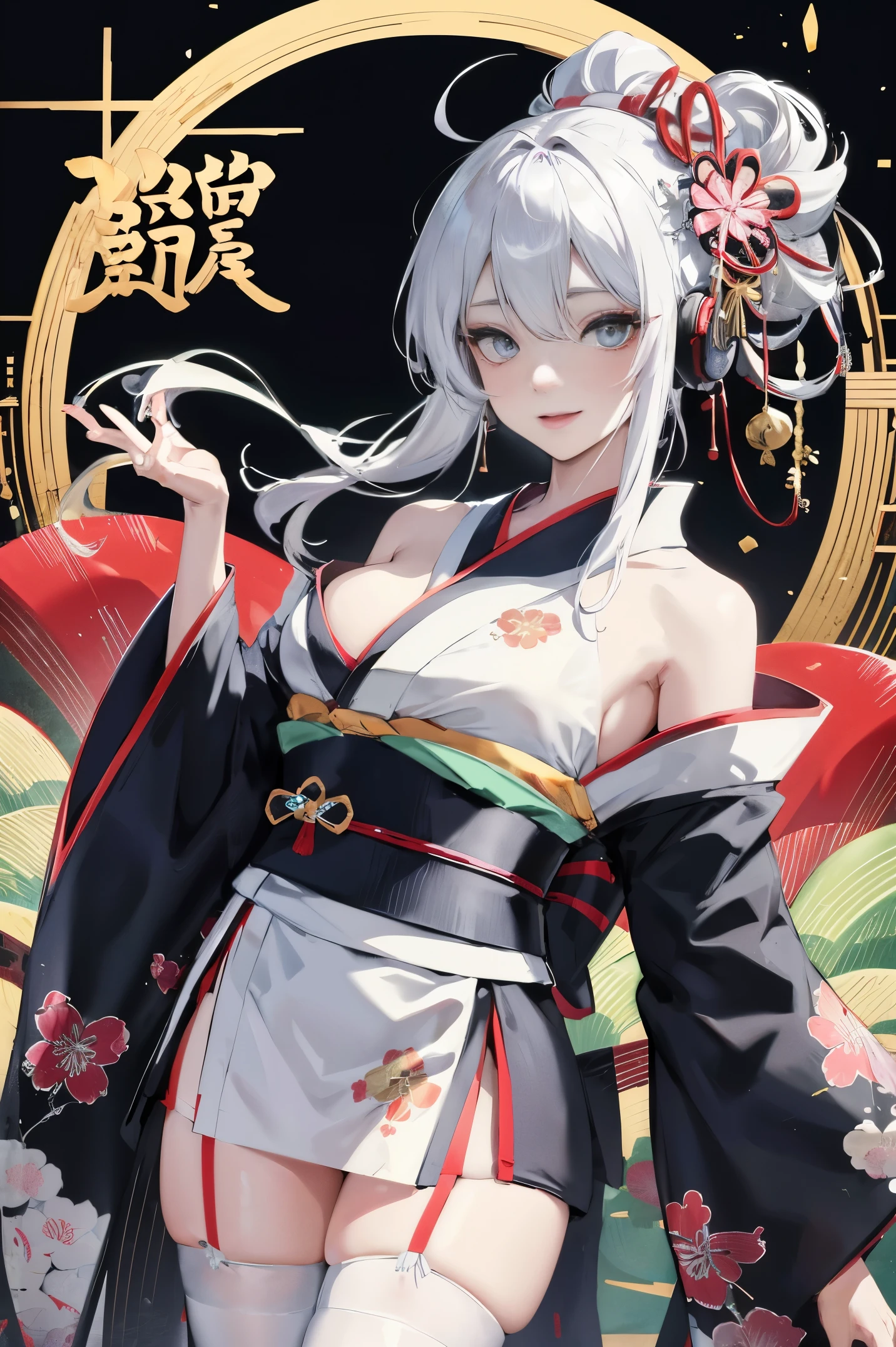 "anime girl, 1 person, silver white hair mixed with black, blue eyes, wearing headphones, wearing a kimono, women's kimono, traditional kimono, detailed outfit, big breasts, white kimono mixed with black, stockings  long, standing cross-legged, smiling shyly, looking from many directions, night, festival, New Year's Eve fireworks, watching fireworks, solo(full HD Image 4K+)"