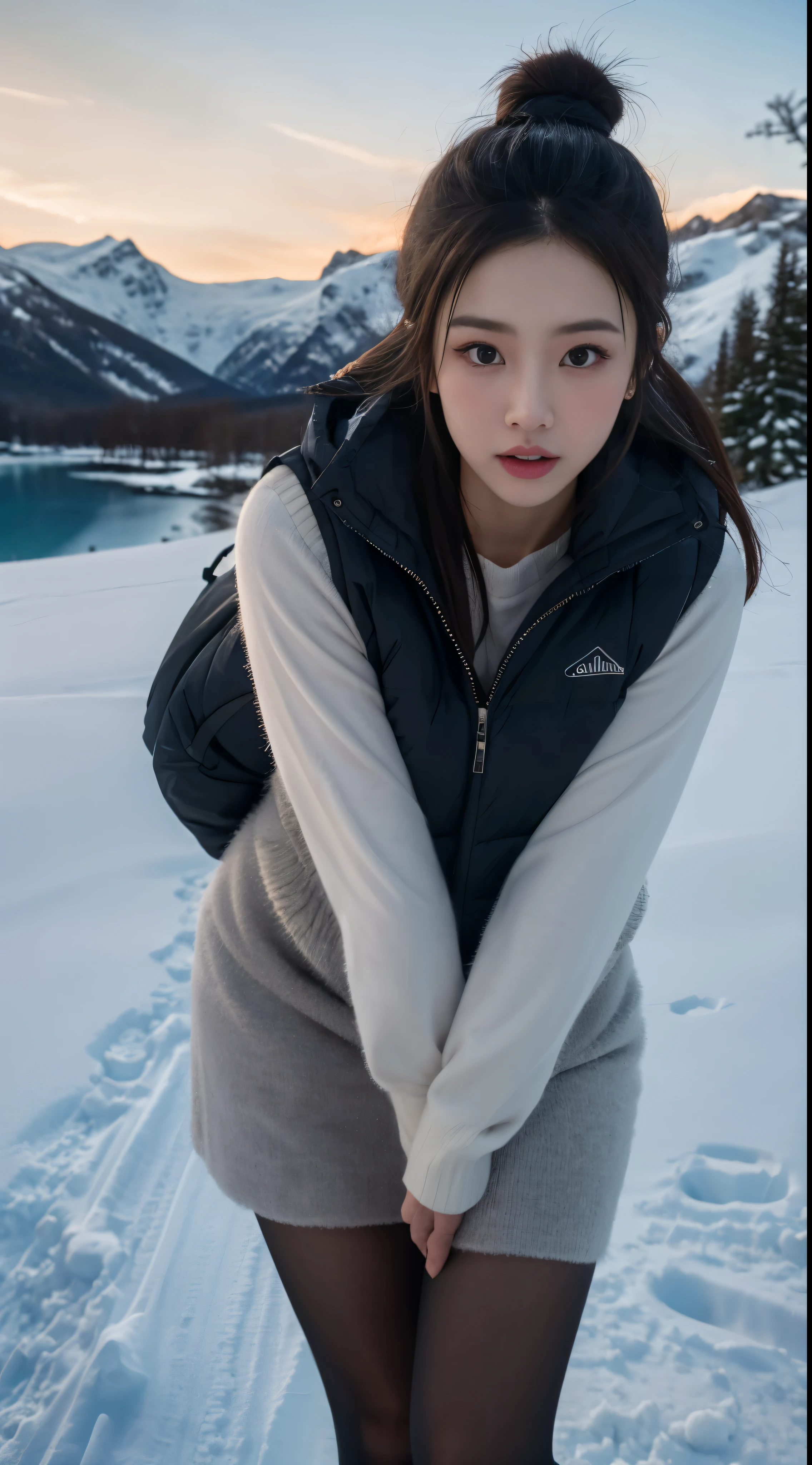 (masterpiece:1.2, highest quality, Bright colors,16K), colorful bikini, a girl Looking back on a snowy mountain, Open her legs, Looking at the viewer, Plump breast, Light brown long hair, beautiful brown eyes, blushed face, top of beautiful mountain, big mountain backpack, sundown,