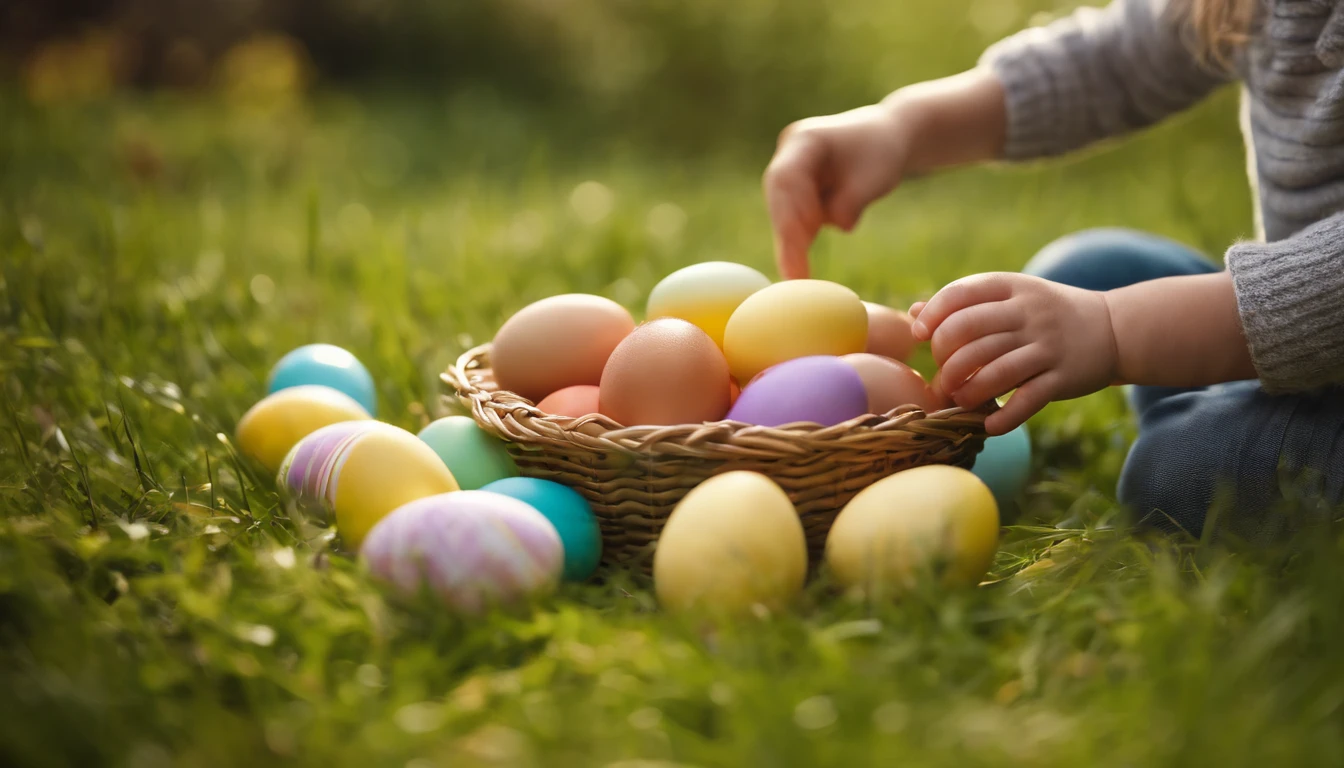 a lifestyle shot of children’s hands reaching into a basket of Easter eggs on the grass, with smiles and excitement capturing the joy of the holiday