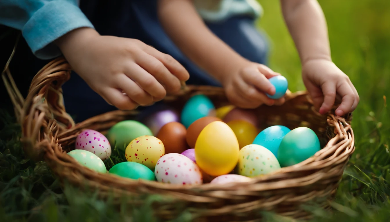 a lifestyle shot of children’s hands reaching into a basket of Easter eggs on the grass, with smiles and excitement capturing the joy of the holiday