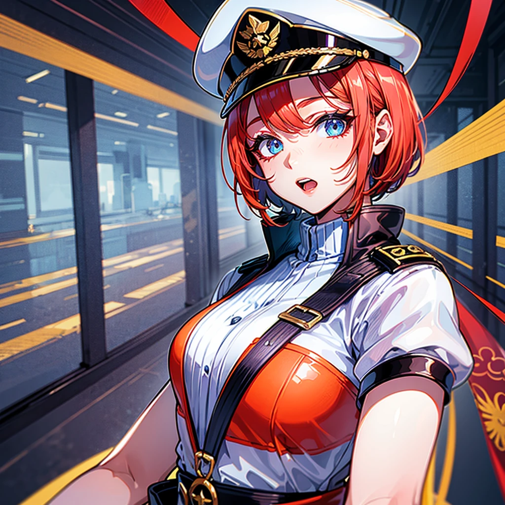 (((masterpiece)))、(((Top image quality)))、(((top-quality)))、(((highly detailed unity 8kwall-paper)))、(Illustration of one woman)、30-years old、(Viceroy)、((Red-haired shorthair))、(Thin hair hanging down both sides of the face)、Blue eyes、((Tall))、((Muscle Woman、stocky build、muscular legs、broad shoulders、solid chest))、((Military uniforms))、((Military Cap))、((Military coat))、(white clothes)、(White pants)、(White cap)、trench coat、(((Inside the bridge of the spaceship)))、(The universe outside the window、Earth seen from space)