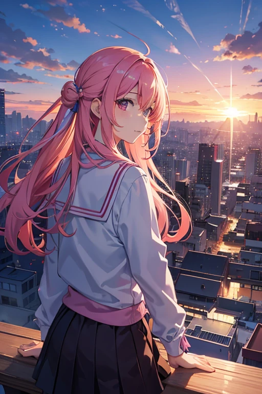 late sunset,There is a plane flying in the sky,The sky is pink and blue, Anime Sky, 蓬松的粉色Anime Cloud, Dawn background, anime backgrounds, Colorful sky, 色彩缤纷的anime movie backgrounds, sunset backdrop, Colorful sky, Anime Cloud, Sky settings, Purple beautiful sky, beautiful dusk sky, random background scene, anime movie backgrounds, Dusk sky, Dusk sunset background