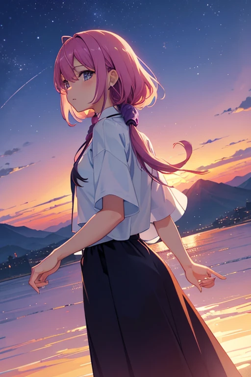 late sunset,There is a plane flying in the sky,The sky is pink and blue, Anime Sky, 蓬松的粉色Anime Cloud, Dawn background, anime backgrounds, Colorful sky, 色彩缤纷的anime movie backgrounds, sunset backdrop, Colorful sky, Anime Cloud, Sky settings, Purple beautiful sky, beautiful dusk sky, random background scene, anime movie backgrounds, Dusk sky, Dusk sunset background