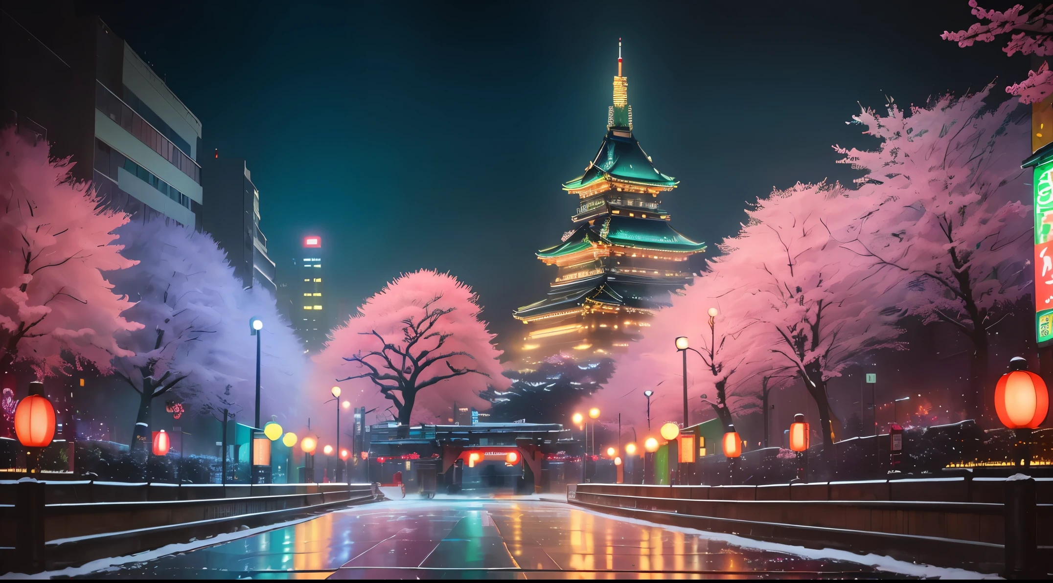 (best quality,realistic,highres,masterpiece:1.2),ultra-detailed,beautiful detailed blue-green eyes,anime girl,New Year's Eve in Tokyo,crowded street,festive atmosphere,colorful fireworks,neon lights,traditional Japanese kimono,shiny colorful confetti,cheerful expression,celebratory mood,street food stalls,sakura blossoms in the background,vibrant cityscape,hustle and bustle,reflection of lights on wet pavement,snowflakes falling gently,sparkling champagne,peaceful temple in the distance,city skyline with Tokyo Tower and Rainbow Bridge,light trails from passing cars,long exposure photography,captivating aura,stylized art style,soothing pastel color tones,warm ambient lighting
