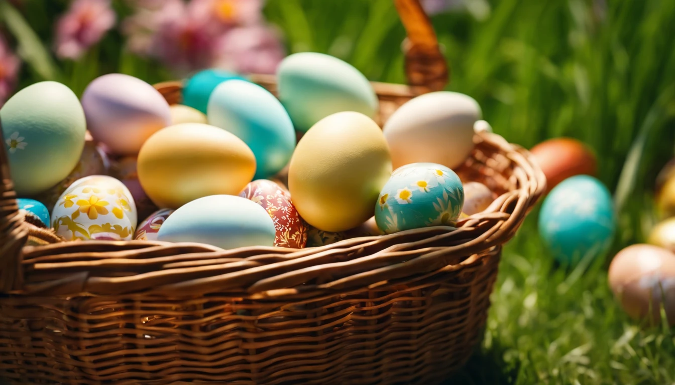 a detailed shot of a basket overflowing with Easter eggs, with the sunlight casting warm and inviting shadows on the grass, evoking a sense of relaxation and celebration