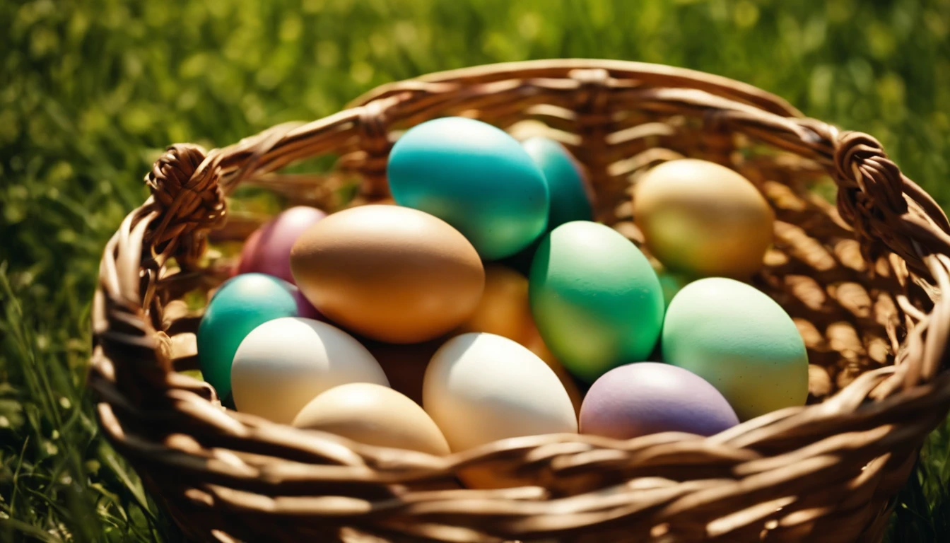 a detailed shot of a basket overflowing with Easter eggs, with the sunlight casting warm and inviting shadows on the grass, evoking a sense of relaxation and celebration