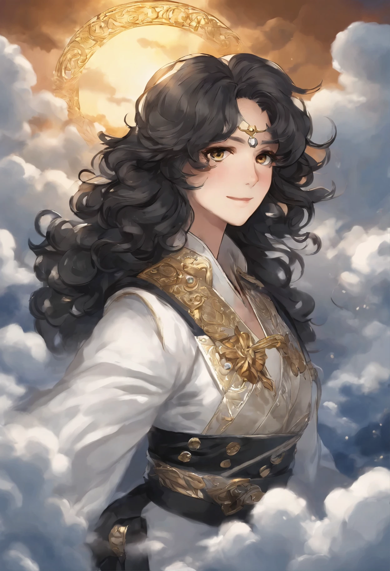 Close-up of a Russian Spaniel dog, Color (black) curly runs in a race with the clouds, curly black russian spaniel runs a race with the clouds, fluffy clouds, casimir art, illustration of shigenori soejima, boris valejo. Smiling Russian Spaniel dog, Detailed drawing of an anime character, detailed anime key figure, Granblue Fantasy, Beautiful owl in demon slayer art, Taisho Roman, A clear portrait of an RPG, Masamune Shiro, anime key figure