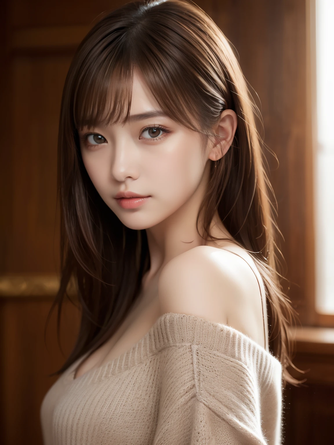(masuter piece:1.3)、(8K、Photorealsitic、Raw photography、top-quality: 1.4)、(1girl in)、age19、美丽的面容、(Lifelike face)、(Brown hair:1.5)、(Medium Hair)、Beautiful hairstyle、(One eye is hidden by bangs:1.2)、view front、beatiful detailed eyes、(real looking skin)、Beautiful skins、(grey sweater)、absurderes、enticing、超A high resolution、A hyper-realistic、high-detail、the golden ratio